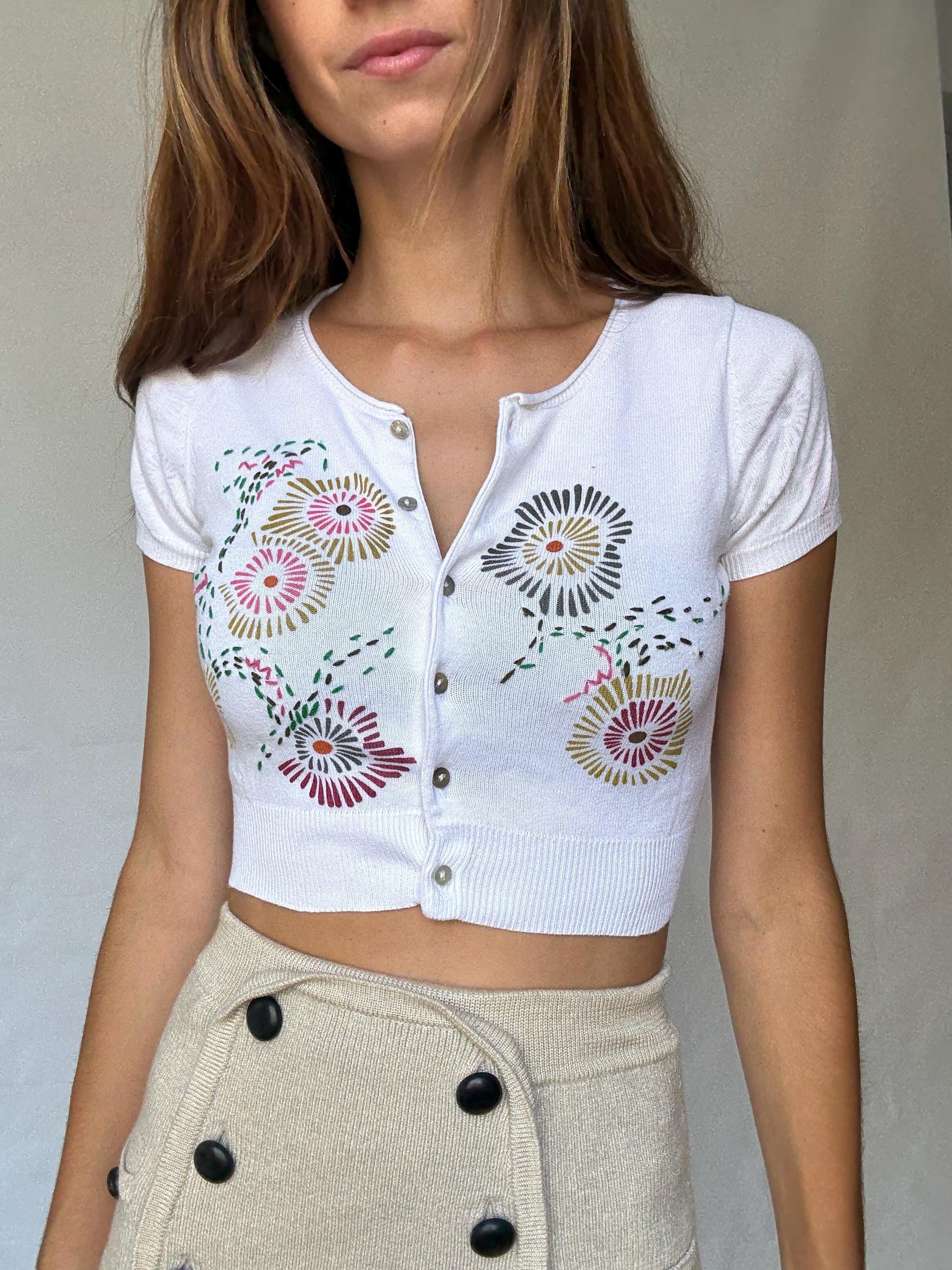 Vintage Adolfo Dominguez cropped floral cotton cardigan with mother of pearl buttons, XS fit, colorful Y2K summer knit aesthetic