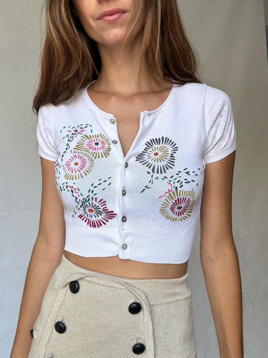 Vintage Adolfo Dominguez cropped floral cotton cardigan with mother of pearl buttons, XS fit, colorful Y2K summer knit aesthetic
