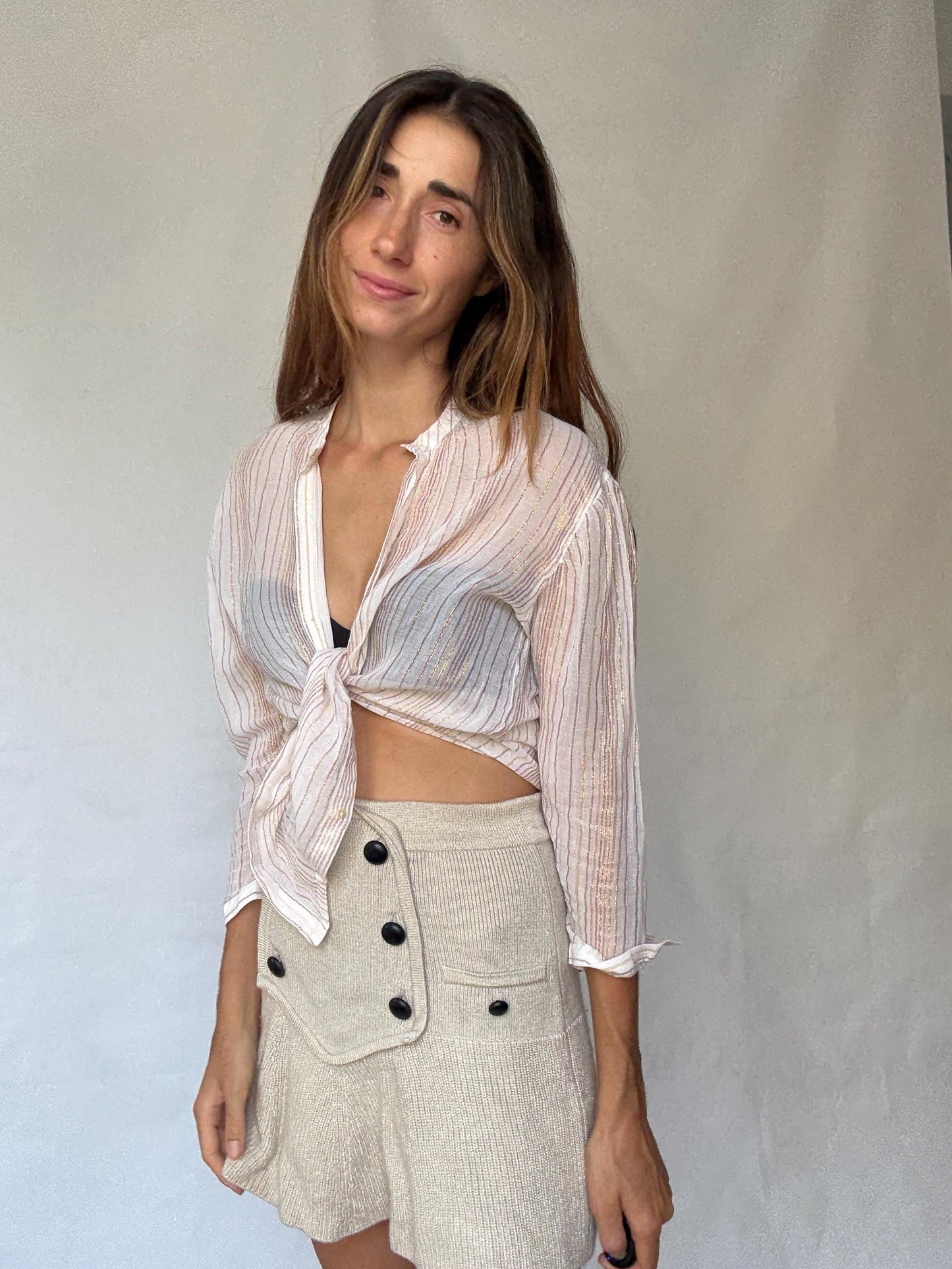 Sheer striped sparkly blouse with gold glitter threads, beach cover or tie-front top, fits like US M-L