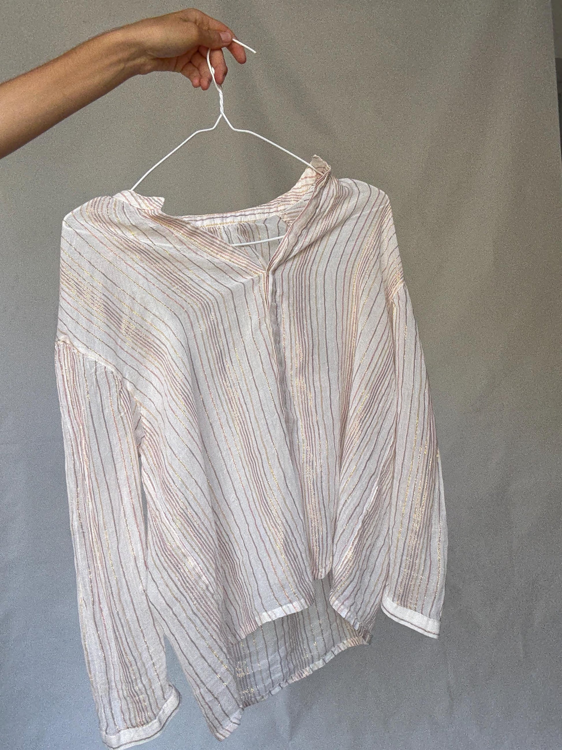 Sheer striped sparkly blouse with gold glitter threads, beach cover or tie-front top, fits like US M-L
