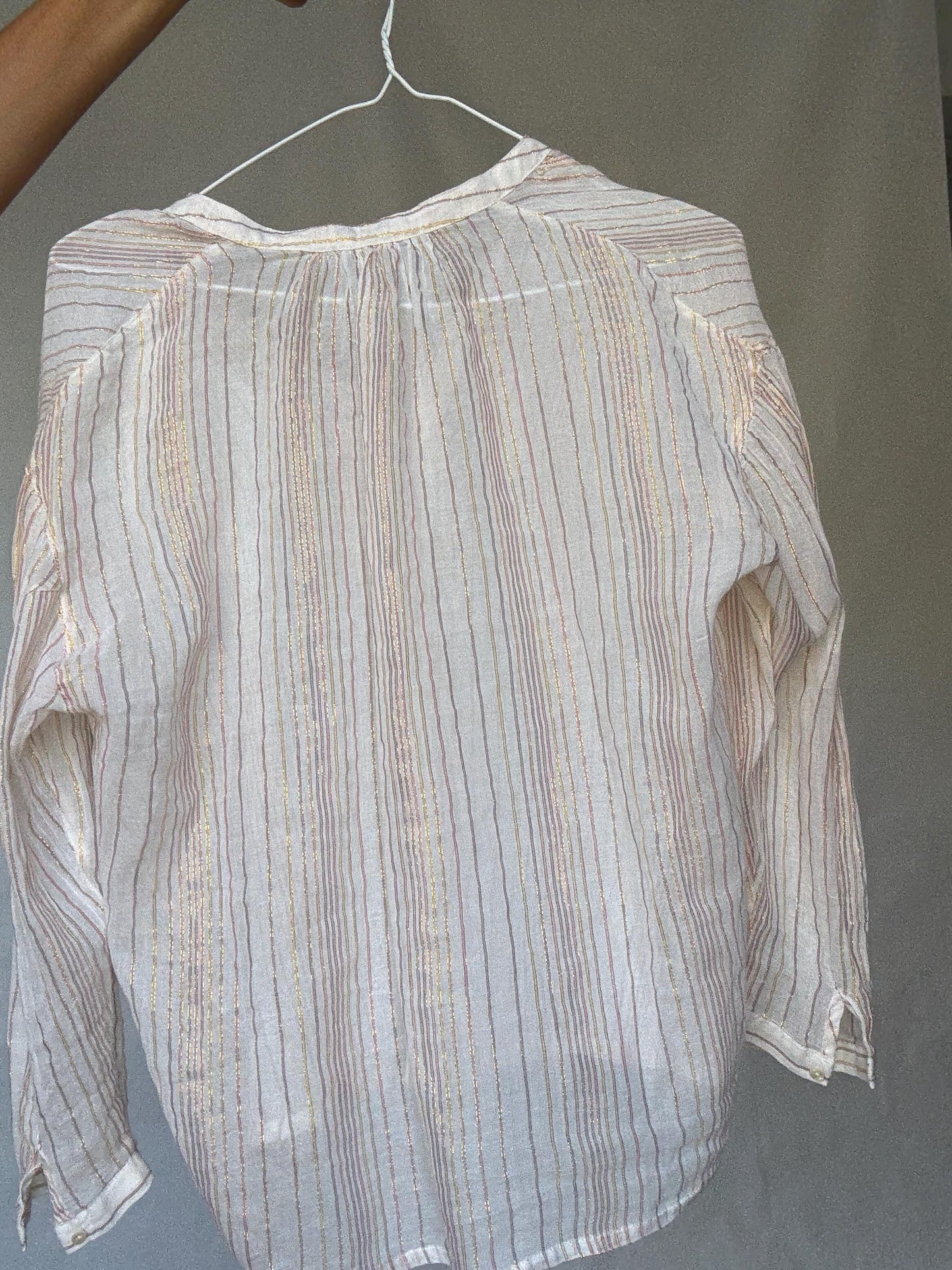 Sheer striped sparkly blouse with gold glitter threads, beach cover or tie-front top, fits like US M-L