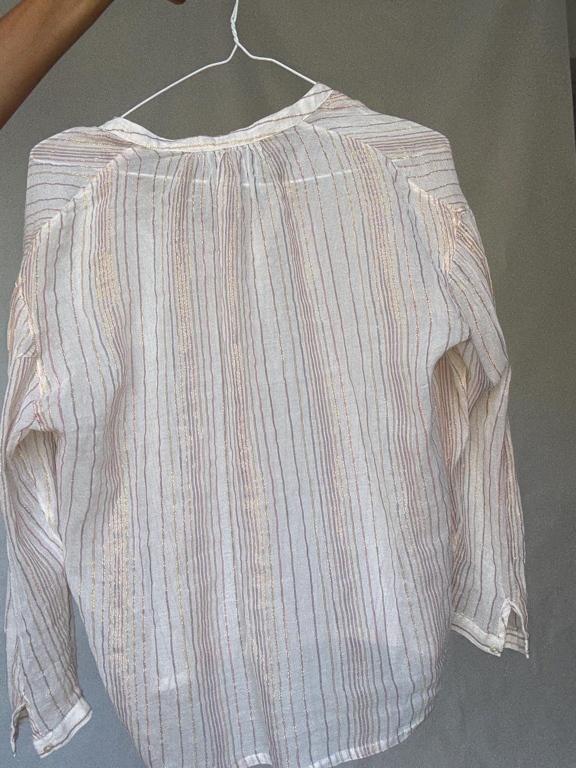 Sheer striped sparkly blouse with gold glitter threads, beach cover or tie-front top, fits like US M-L