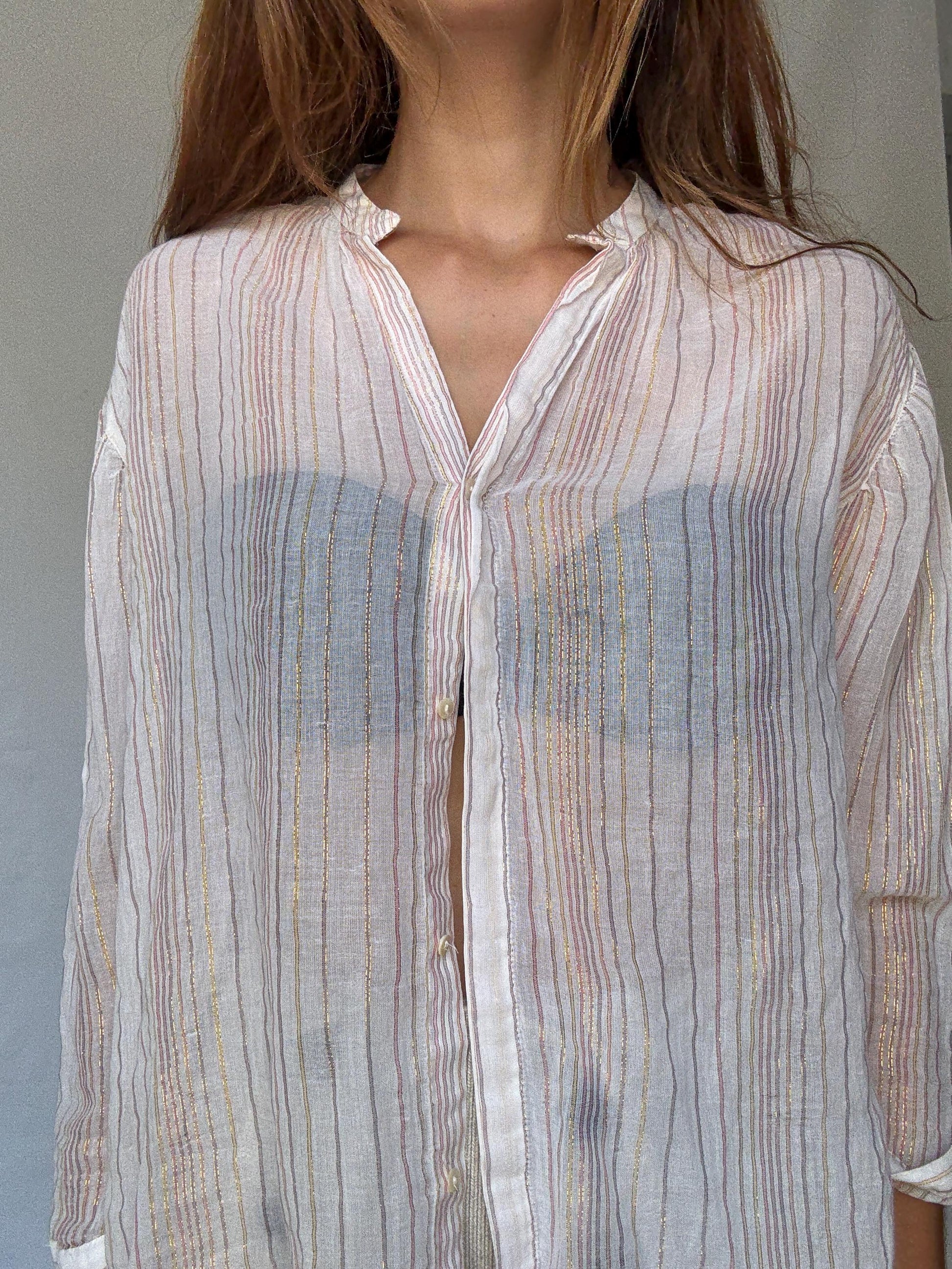 Sheer striped sparkly blouse with gold glitter threads, beach cover or tie-front top, fits like US M-L