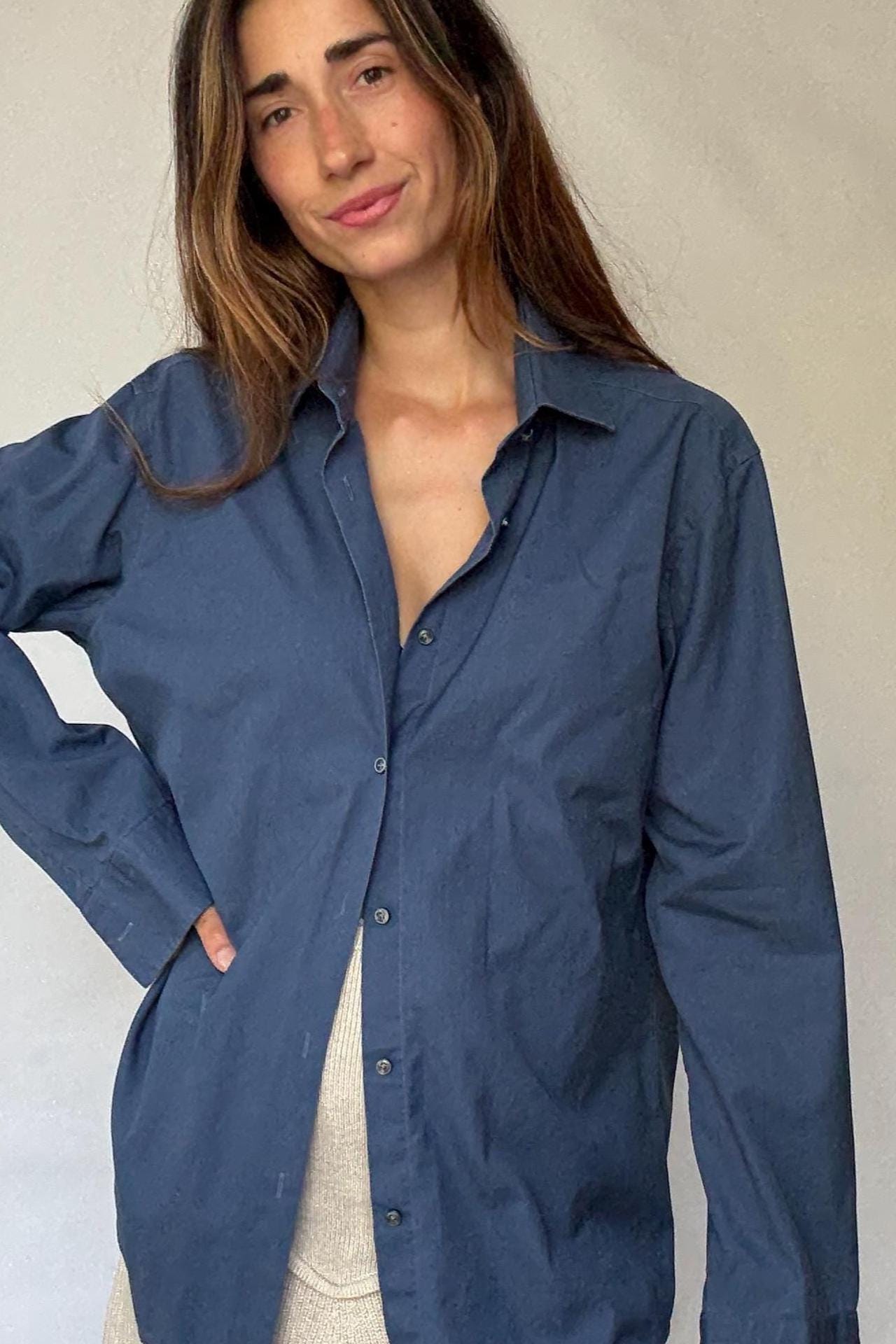 Hugo Boss navy button-up shirt in crisp cotton, unisex boyish fit, structured menswear style, fits like US M men / XL women