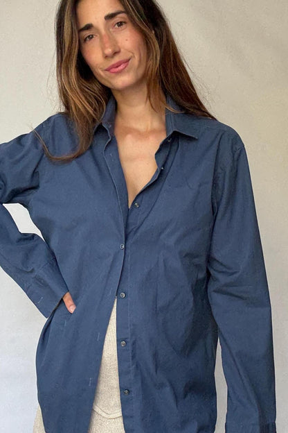 Navy Crisp Cotton Button-Up Shirt — back view