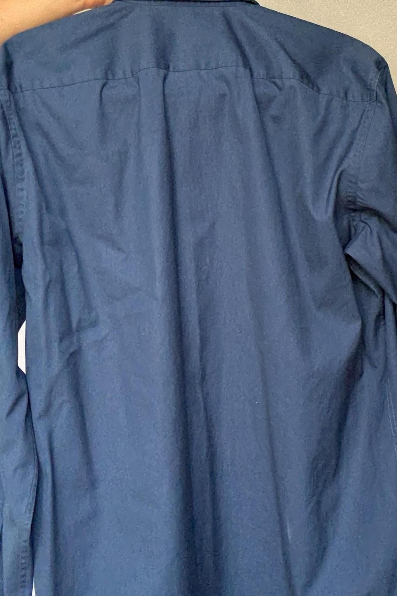 Hugo Boss navy button-up shirt in crisp cotton, unisex boyish fit, structured menswear style, fits like US M men / XL women