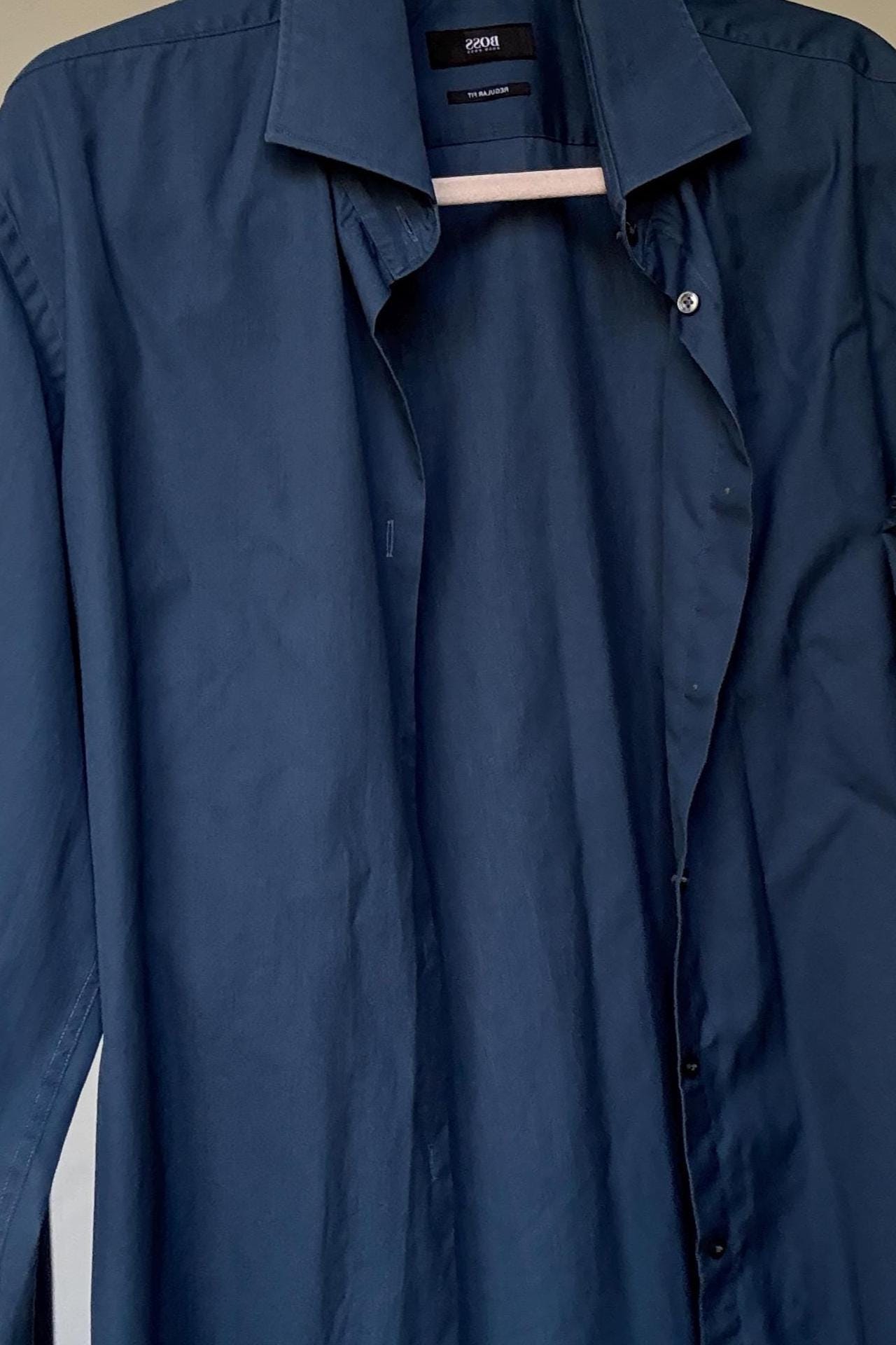 Hugo Boss navy button-up shirt in crisp cotton, unisex boyish fit, structured menswear style, fits like US M men / XL women