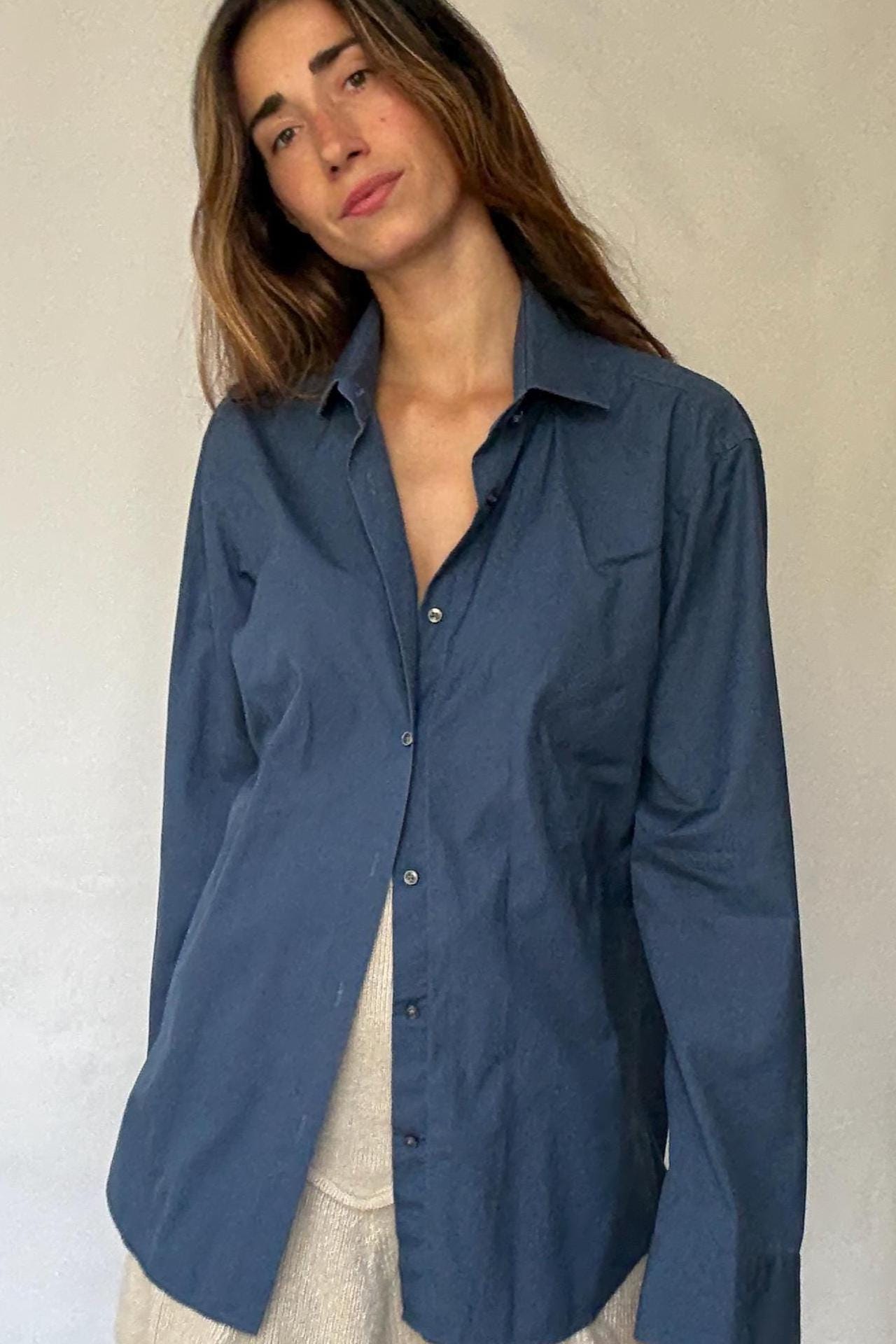 Hugo Boss navy button-up shirt in crisp cotton, unisex boyish fit, structured menswear style, fits like US M men / XL women