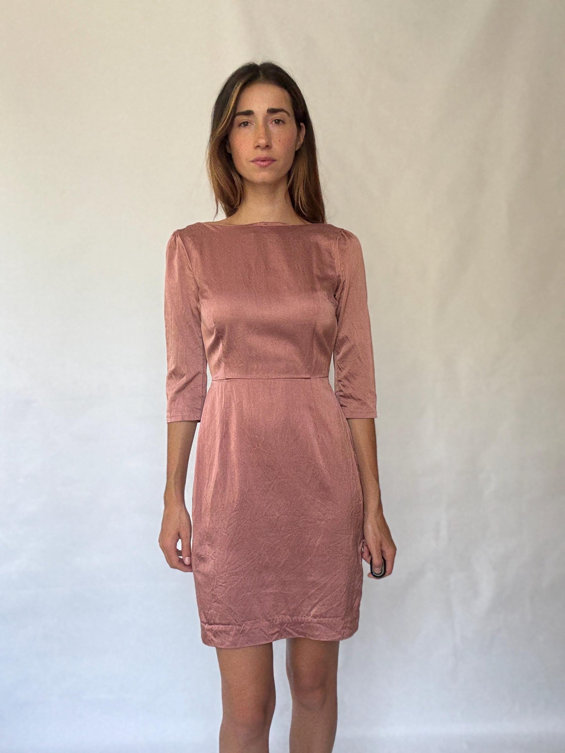 Dusty pink Hoss Intropia silk blend dress, Spanish designer, Luxury european designer wear, midi formal style, Wedding guest outfit Size 4–6