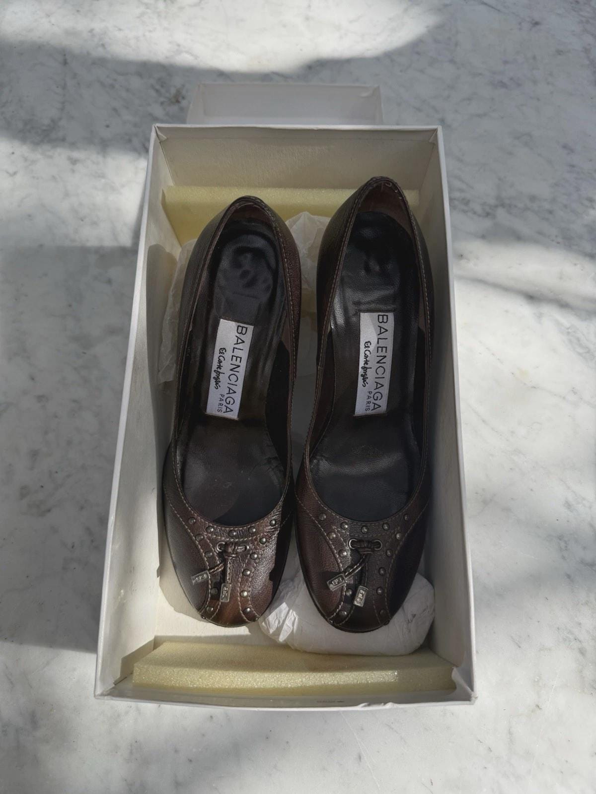 Vintage Balenciaga brown leather heels EU35 US5 with original box, Spanish designer shoes, 7.8cm heel, classic Y2K Paris preppy