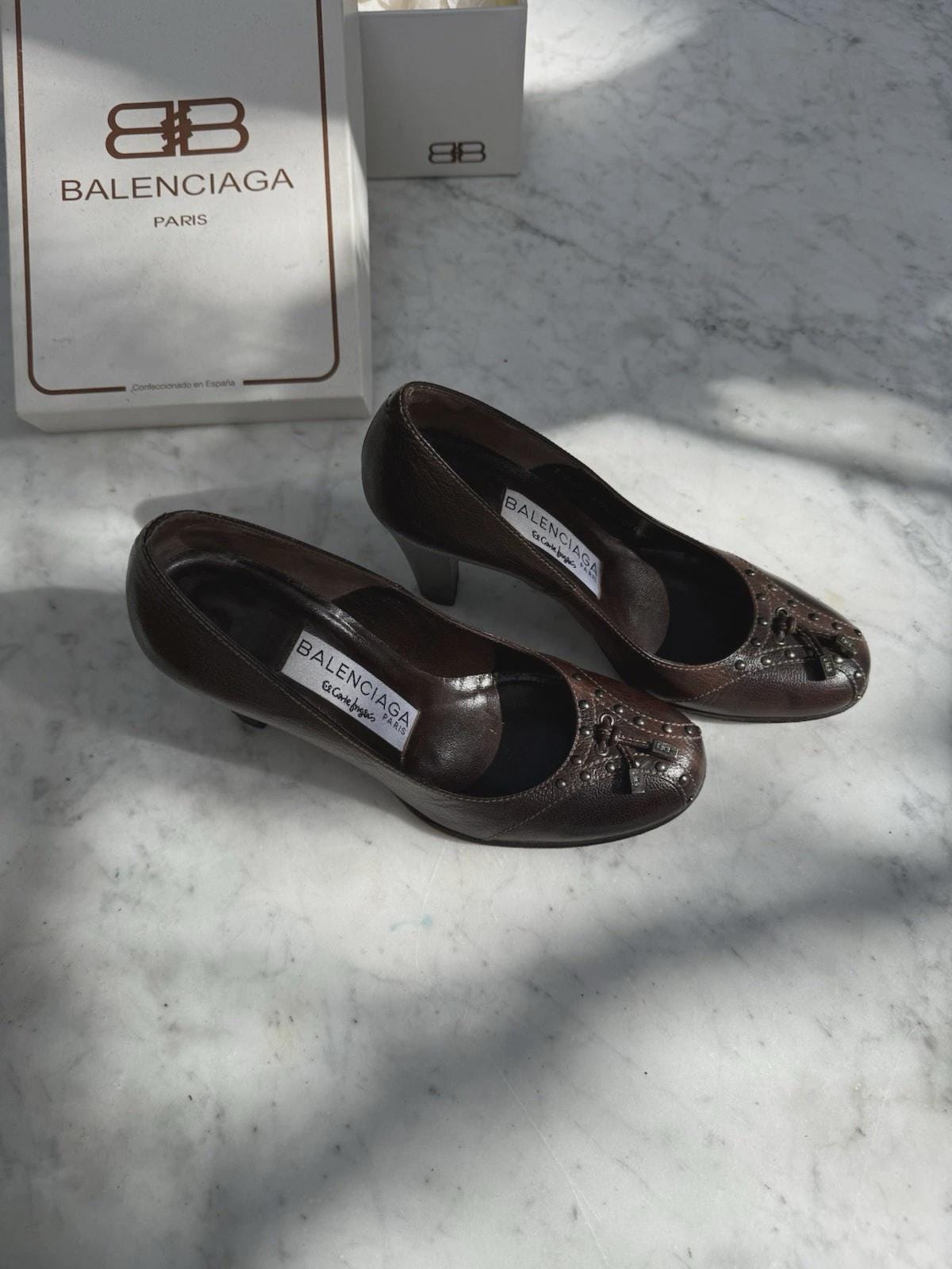 Vintage Balenciaga brown leather heels EU35 US5 with original box, Spanish designer shoes, 7.8cm heel, classic Y2K Paris preppy