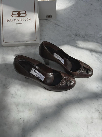 Vintage Balenciaga Brown Leather Heels — fabric close-up