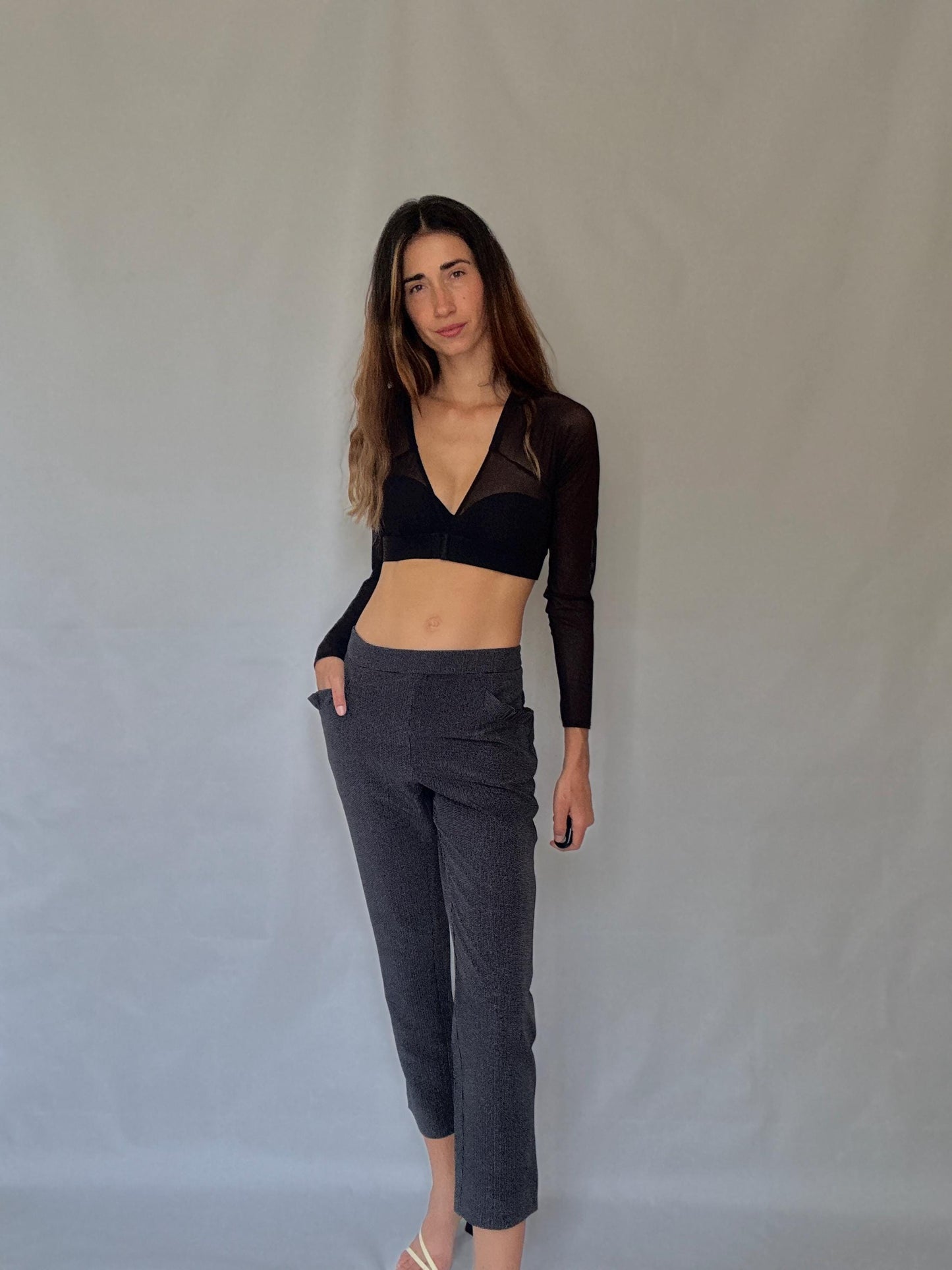 Cortefiel grey stretch trousers – check micro pattern, straight leg cropped fit, high waist, modern XL US, soft and comfy work pants