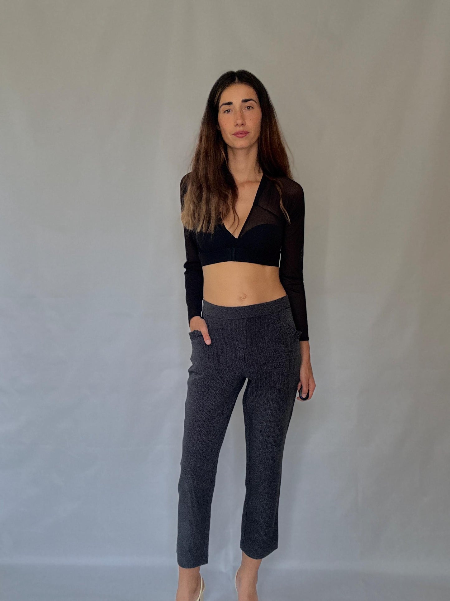 Cortefiel grey stretch trousers – check micro pattern, straight leg cropped fit, high waist, modern XL US, soft and comfy work pants