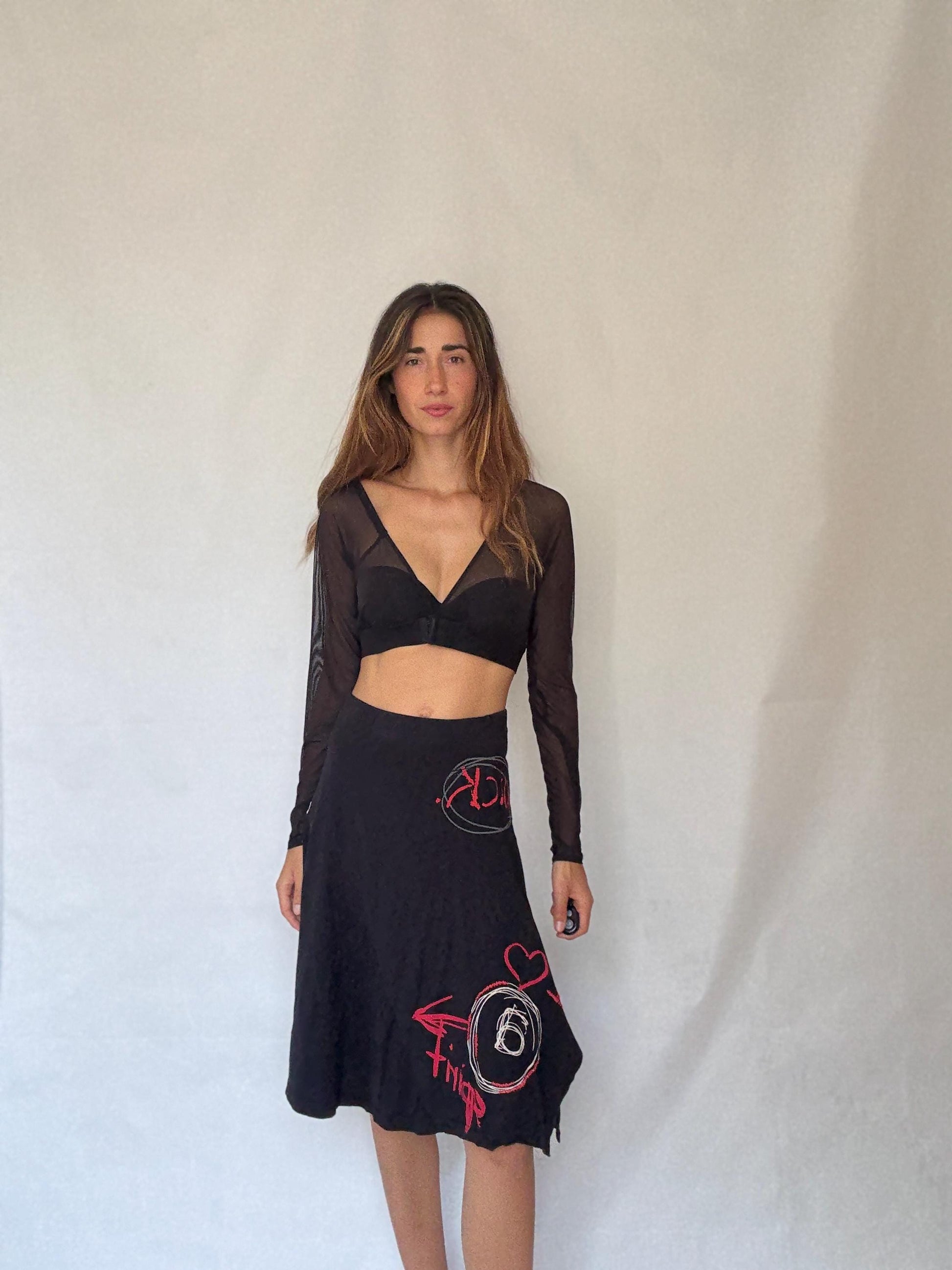 Desigual black cotton midi skirt M graffiti print Y2K style flowy asymmetrical hem 100% cotton summer skirt streetwear aesthetic