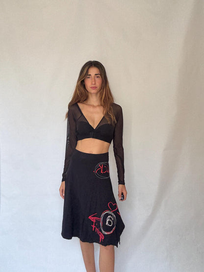 Desigual Black Cotton Graffiti Midi Skirt Y2K Asymmetric