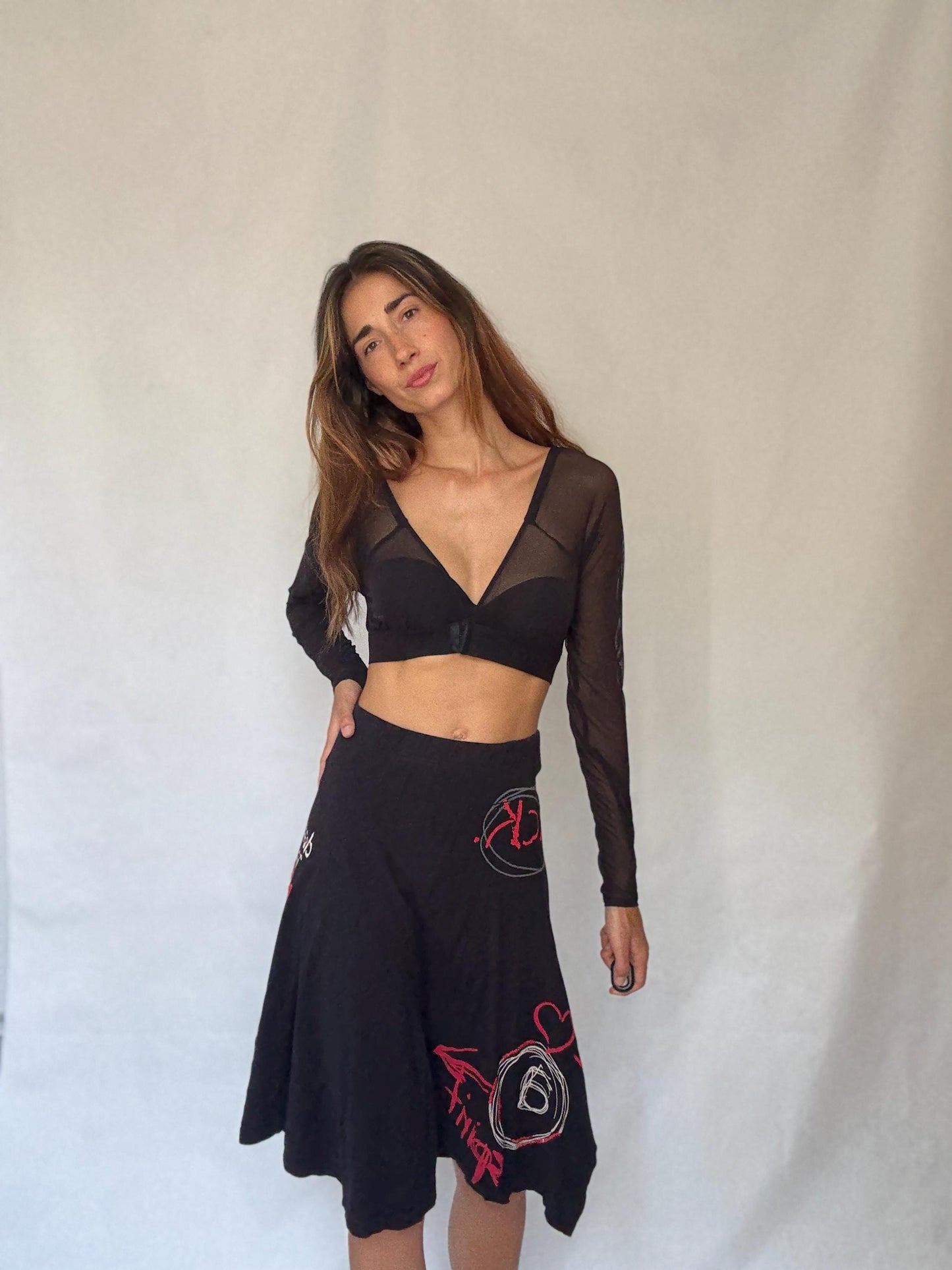 Desigual black cotton midi skirt M graffiti print Y2K style flowy asymmetrical hem 100% cotton summer skirt streetwear aesthetic