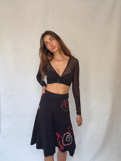 Desigual Black Cotton Graffiti Midi Skirt Y2K Asymmetric