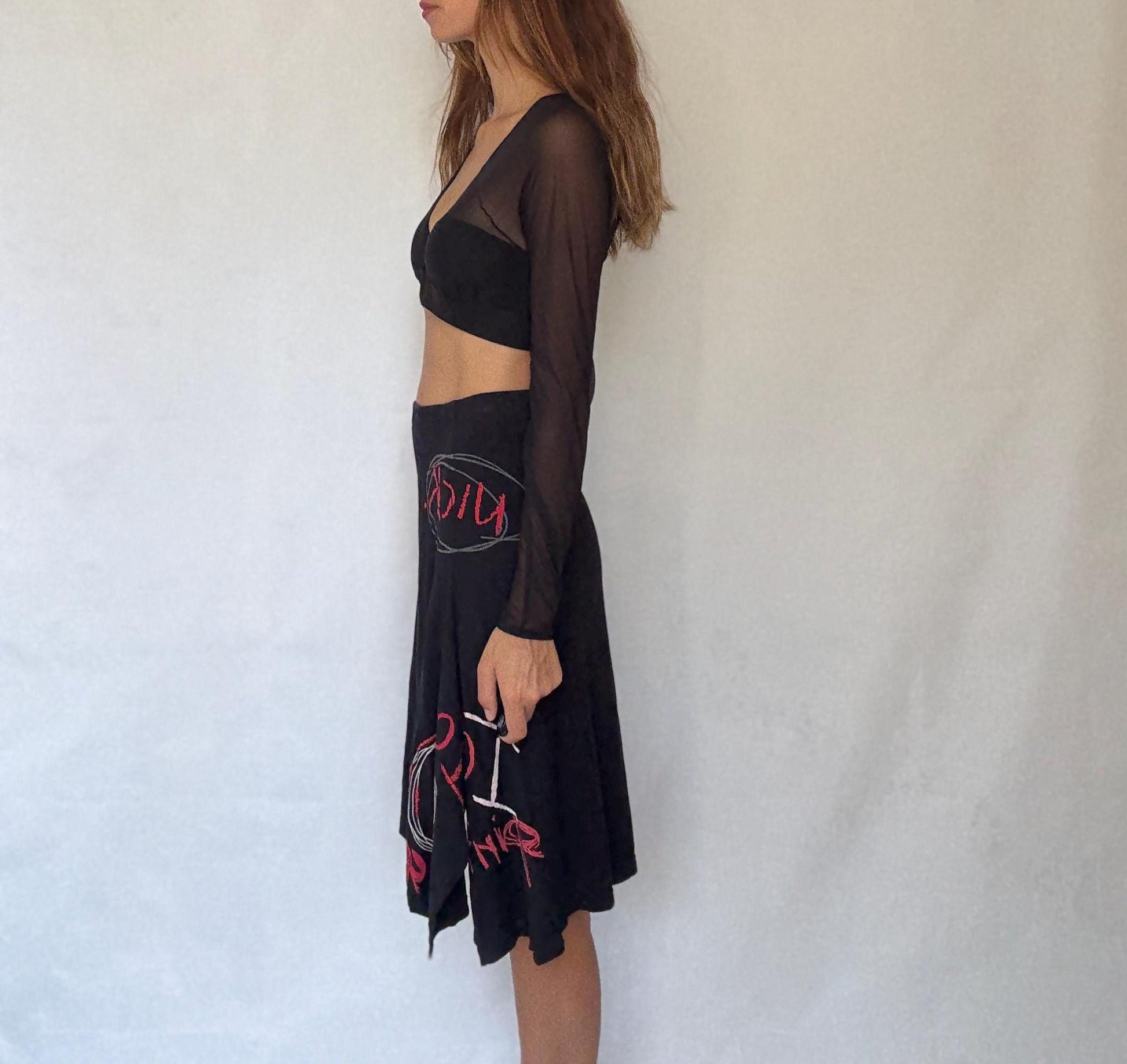 Desigual black cotton midi skirt M graffiti print Y2K style flowy asymmetrical hem 100% cotton summer skirt streetwear aesthetic