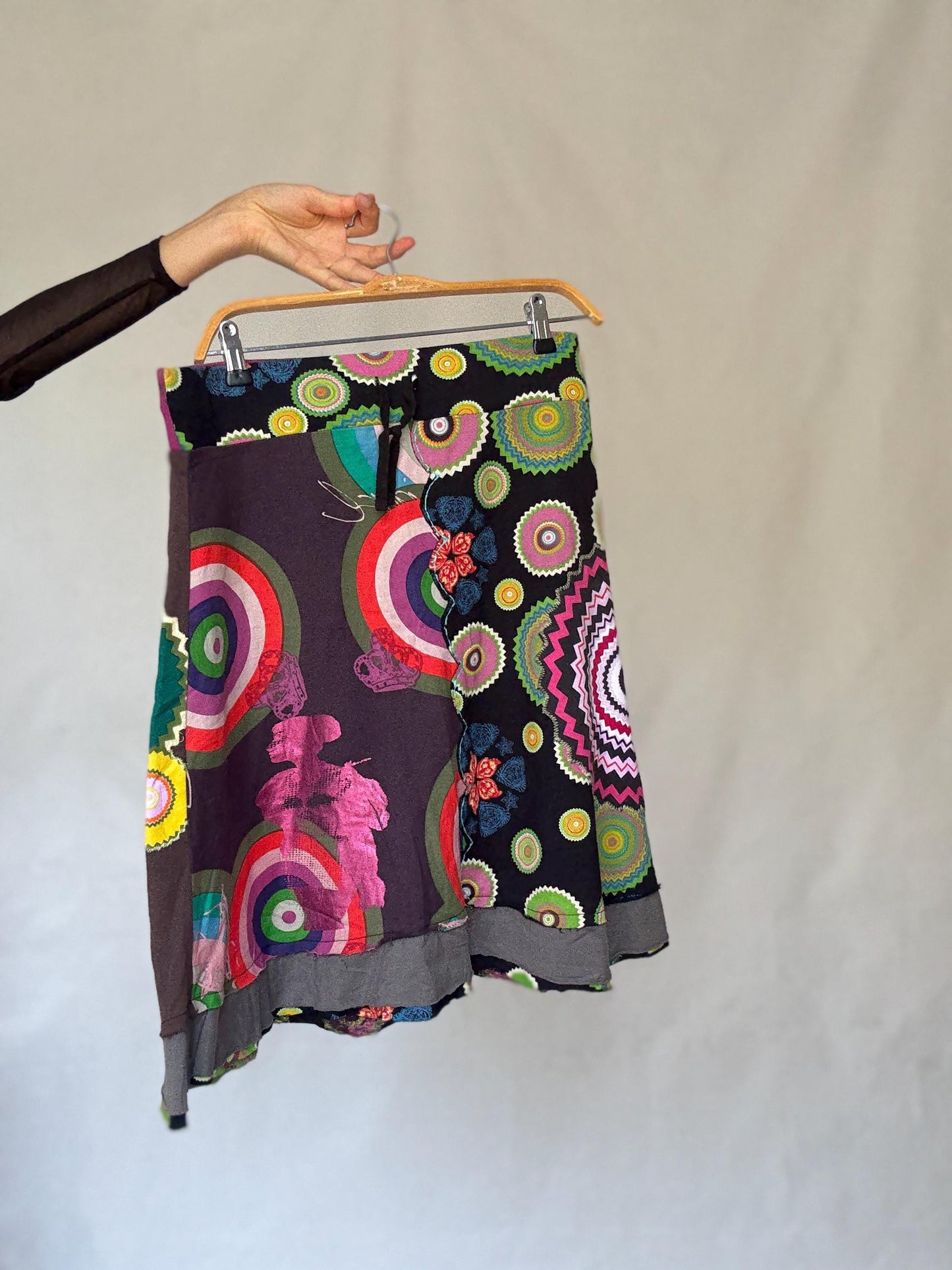 Desigual black rainbow patchwork skirt, Size XL cotton artsy layered boho midi fit, drawstring waist summer skirt, colorful festival wear