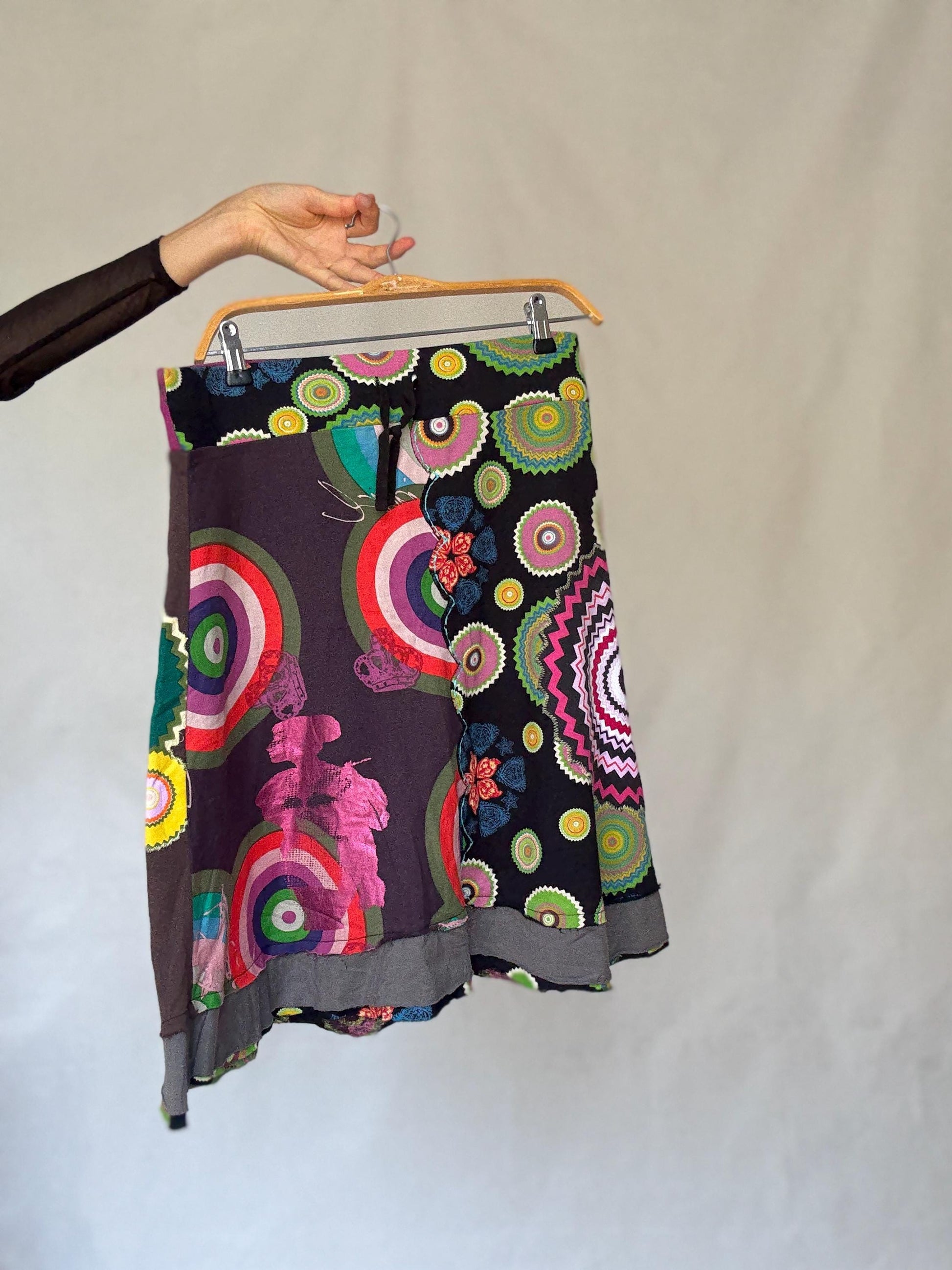 Desigual black rainbow patchwork skirt, Size XL cotton artsy layered boho midi fit, drawstring waist summer skirt, colorful festival wear