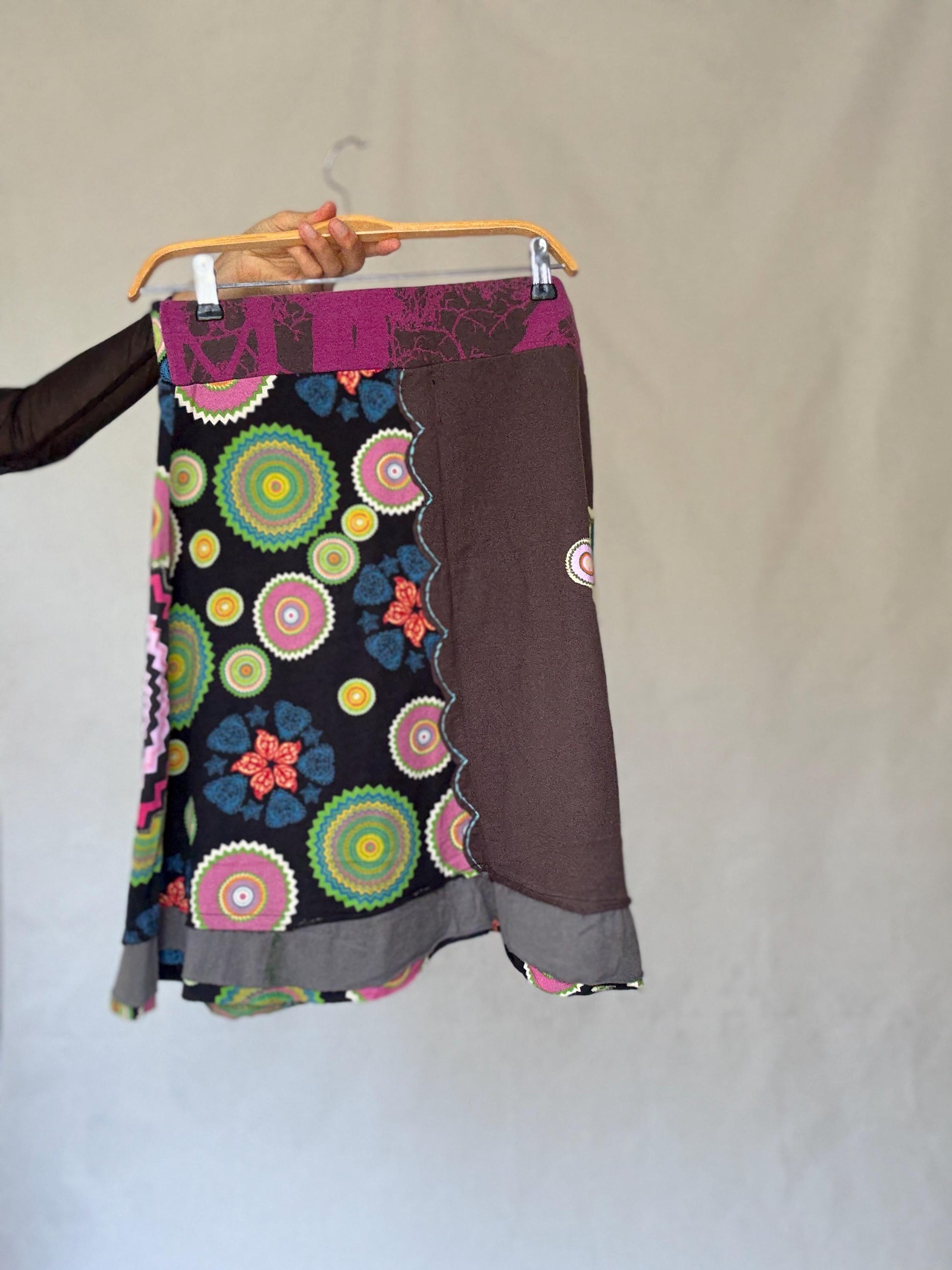 Desigual black rainbow patchwork skirt, Size XL cotton artsy layered boho midi fit, drawstring waist summer skirt, colorful festival wear