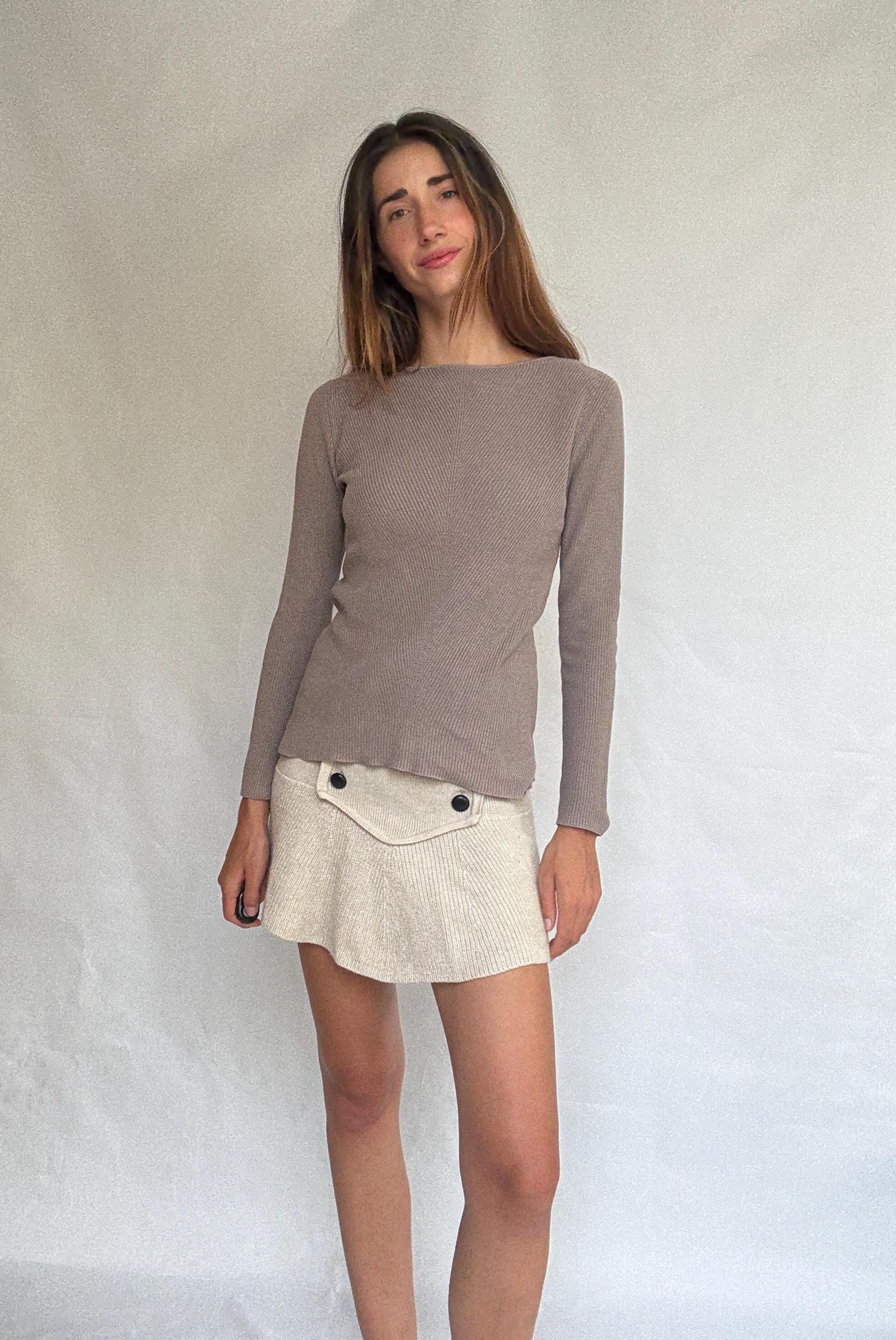 Massimo Dutti taupe brown long, sleeve top, 100% cotton, slim fit, ribbed texture, minimalist, US S, versatile layering piece