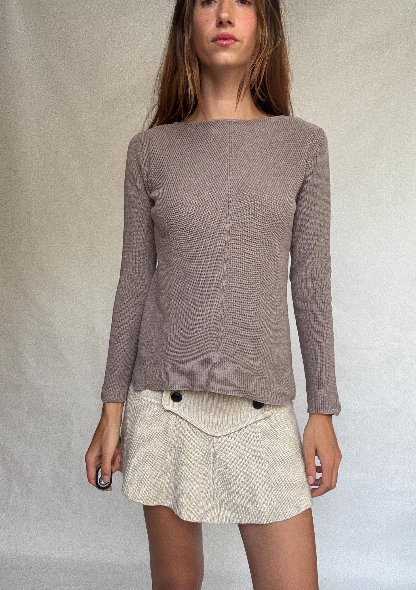 Massimo Dutti taupe brown long, sleeve top, 100% cotton, slim fit, ribbed texture, minimalist, US S, versatile layering piece