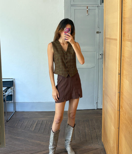 Green waistcoat with checkered print, dark academia & countryside chic vest, Sleeveless girl boss outfit, Size XS - S