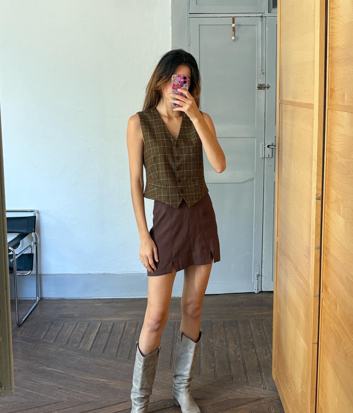 Green waistcoat with checkered print, dark academia & countryside chic vest, Sleeveless girl boss outfit, Size XS - S