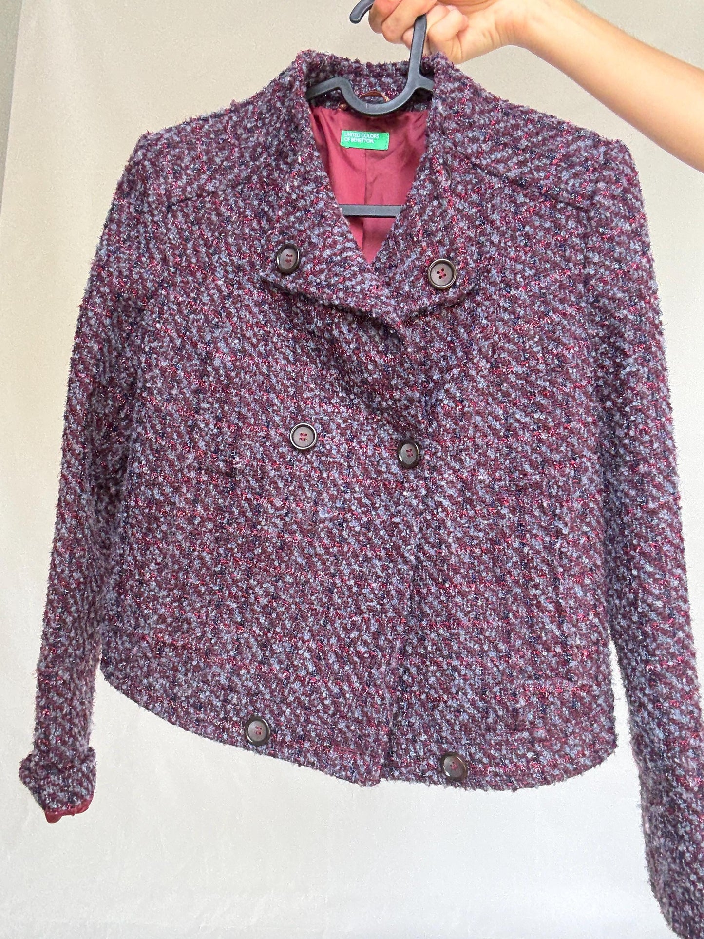 Benetton Tweed Style Cropped Jacket – Purple Shimmer Party Blazer, French Chic Emily in Paris Look, Size XS, Wool Blend
