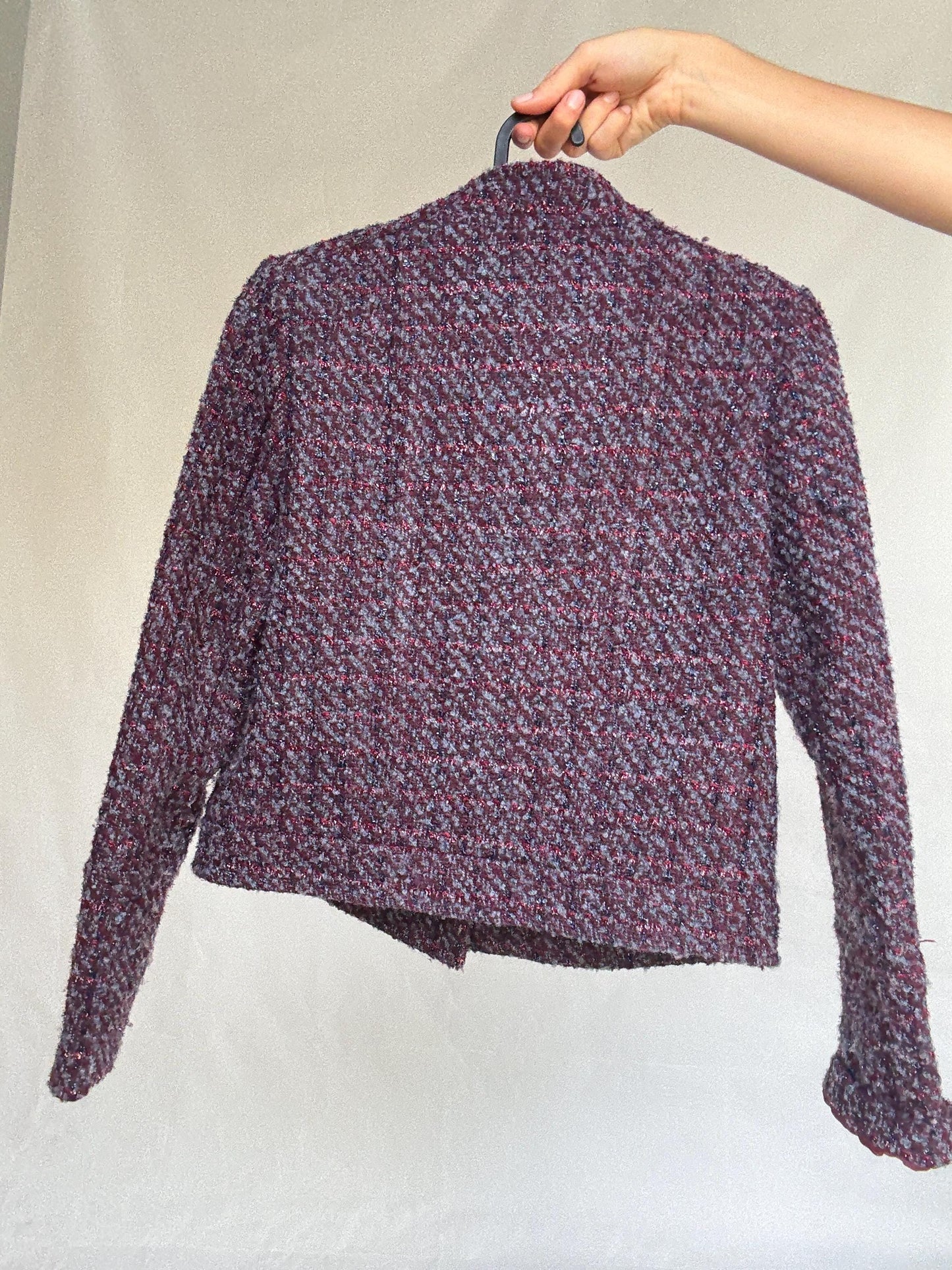 Benetton Tweed Style Cropped Jacket – Purple Shimmer Party Blazer, French Chic Emily in Paris Look, Size XS, Wool Blend