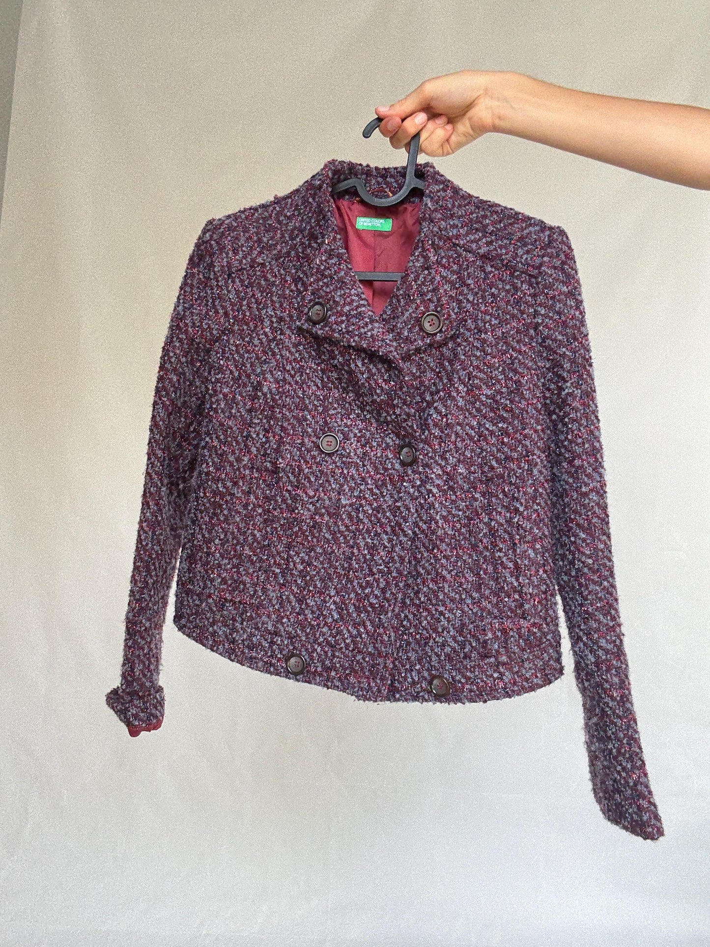 Benetton Tweed Style Cropped Jacket – Purple Shimmer Party Blazer, French Chic Emily in Paris Look, Size XS, Wool Blend