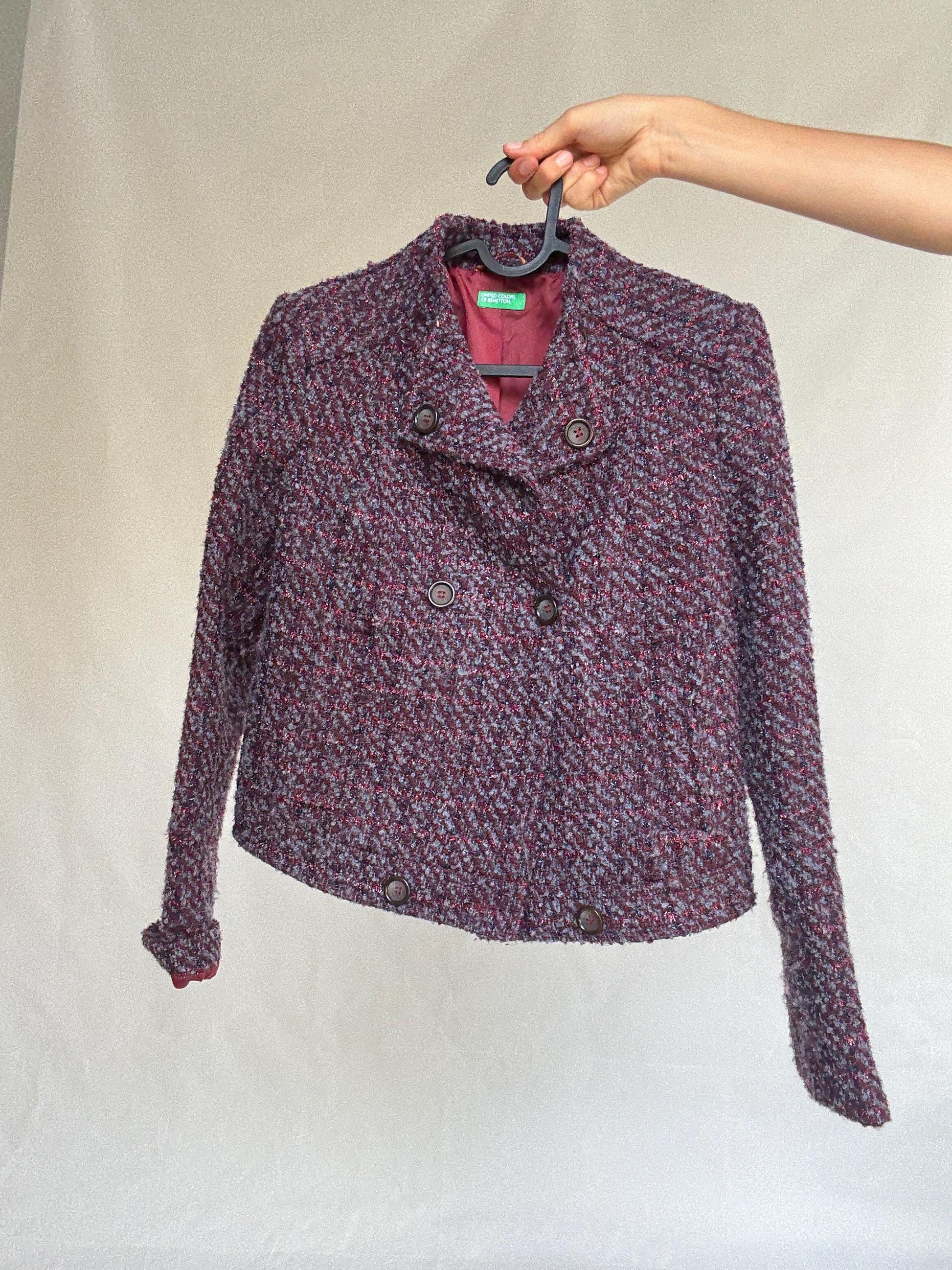 Benetton Tweed Style Cropped Jacket – Purple Shimmer Party Blazer, French Chic Emily in Paris Look, Size XS, Wool Blend