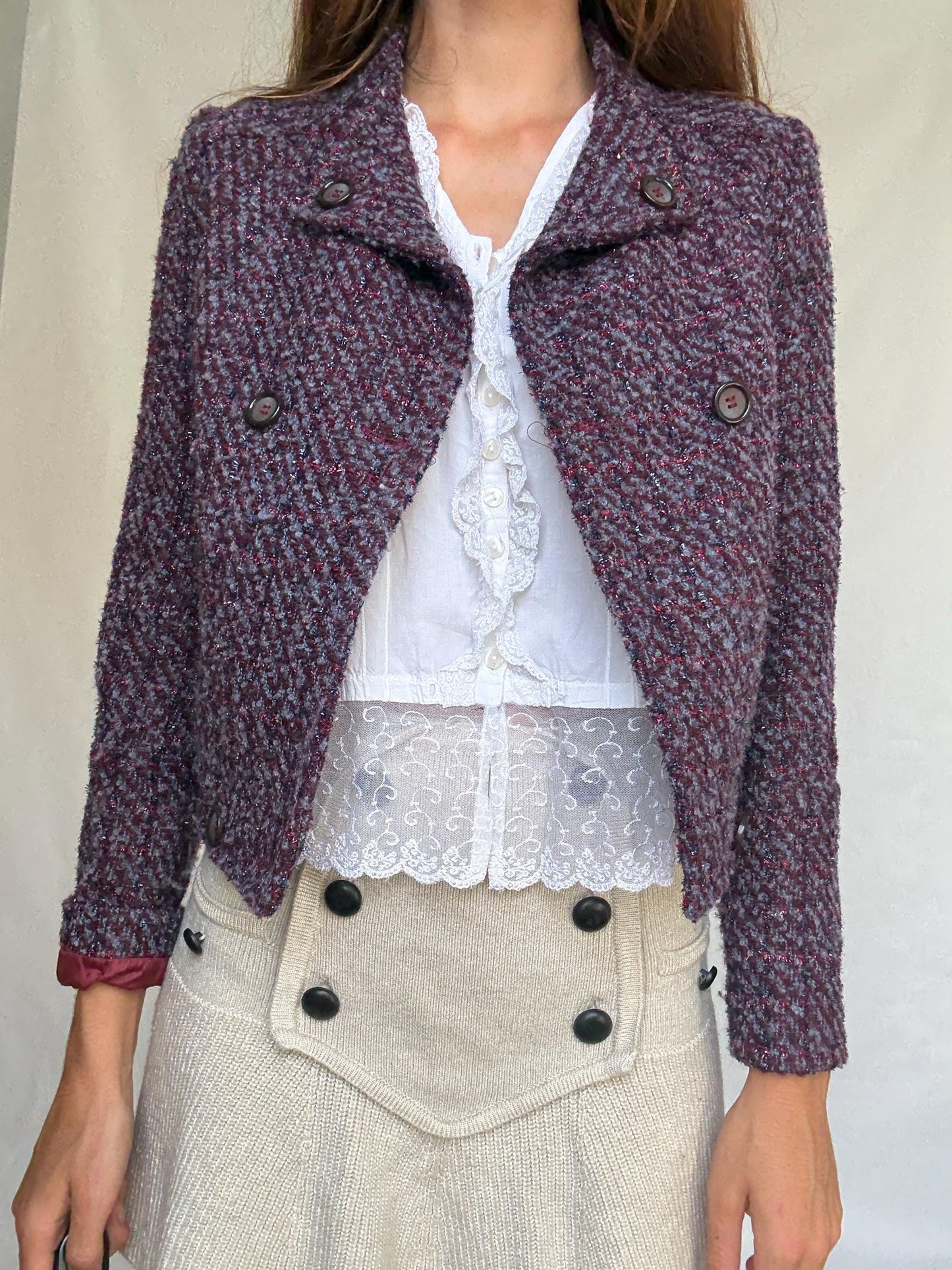 Benetton Tweed Style Cropped Jacket – Purple Shimmer Party Blazer, French Chic Emily in Paris Look, Size XS, Wool Blend