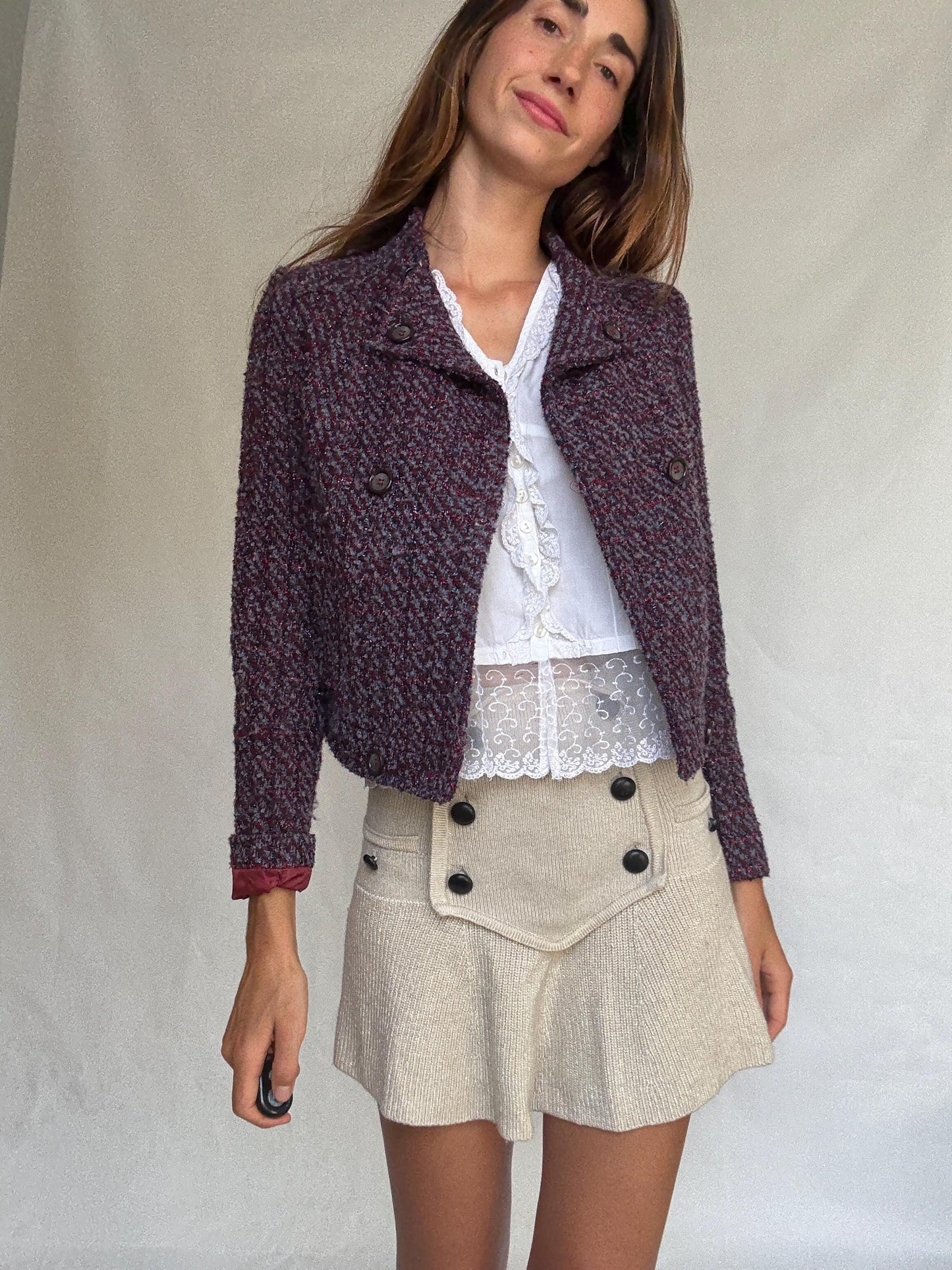 Benetton Tweed Style Cropped Jacket – Purple Shimmer Party Blazer, French Chic Emily in Paris Look, Size XS, Wool Blend