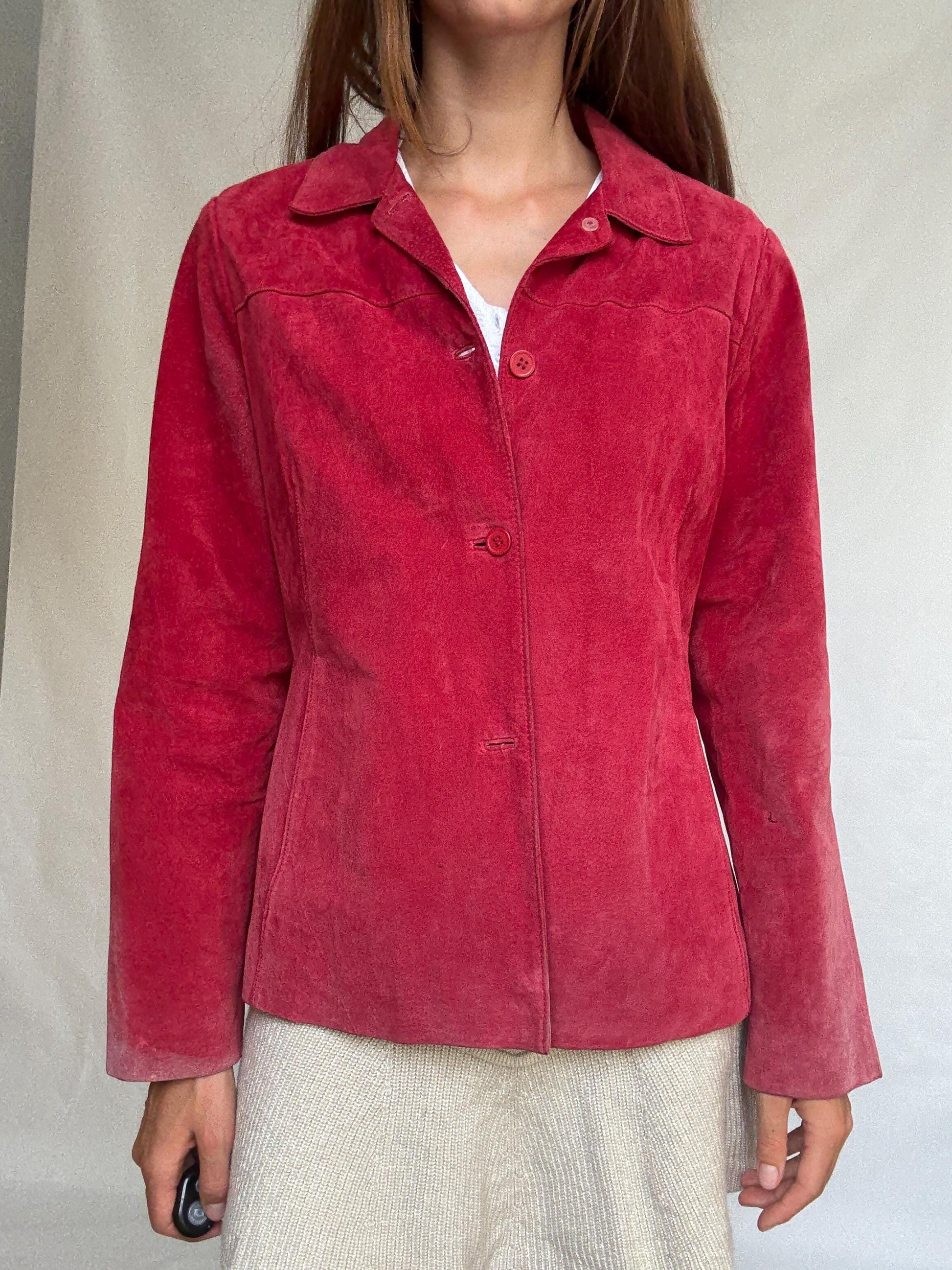 Vintage Dark Red Suede Leather Jacket, 90s Blazer, Button-Up Suede Coat,