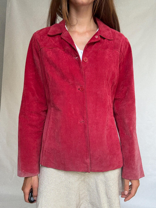 Vintage Dark Red Suede Leather Jacket, 90s Blazer, Button-Up Suede Coat,