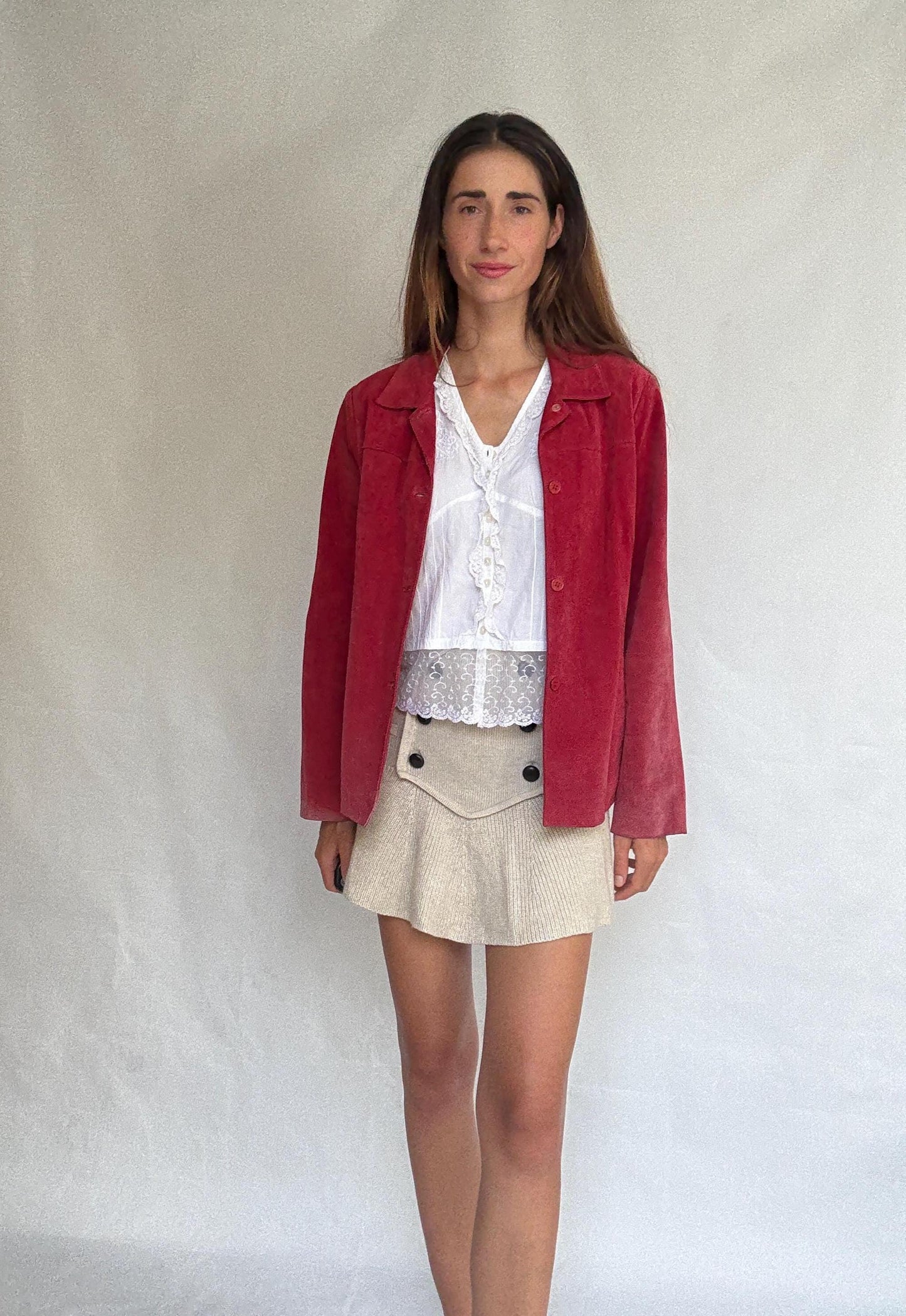 Vintage Dark Red Suede Leather Jacket, 90s Blazer, Button-Up Suede Coat,