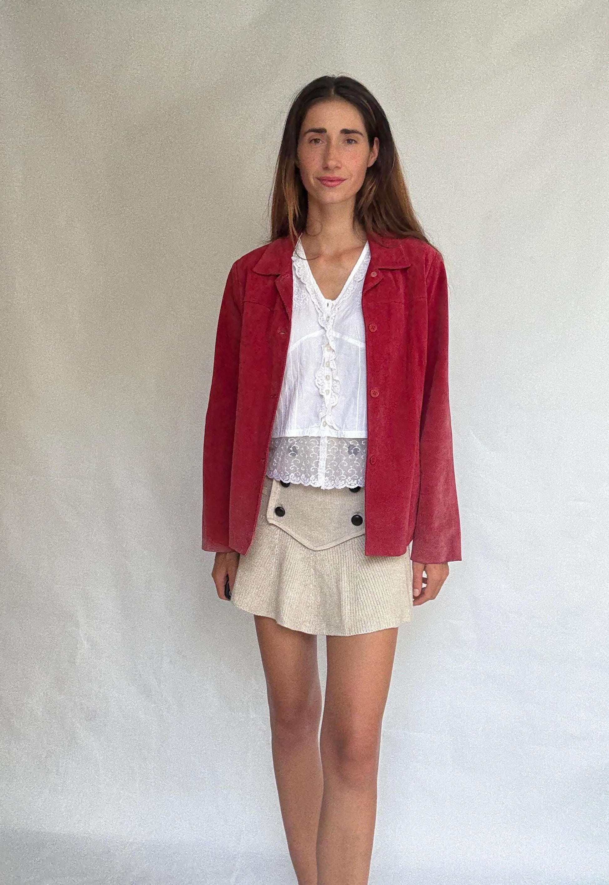 Vintage Dark Red Suede Leather Jacket, 90s Blazer, Button-Up Suede Coat,
