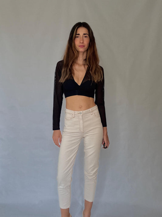 Vintage Guess off-white mom US size 2 fit, jeans with zipper fly – high rise tapered ankle fit, cotton feel, 90s minimal casual streetwear