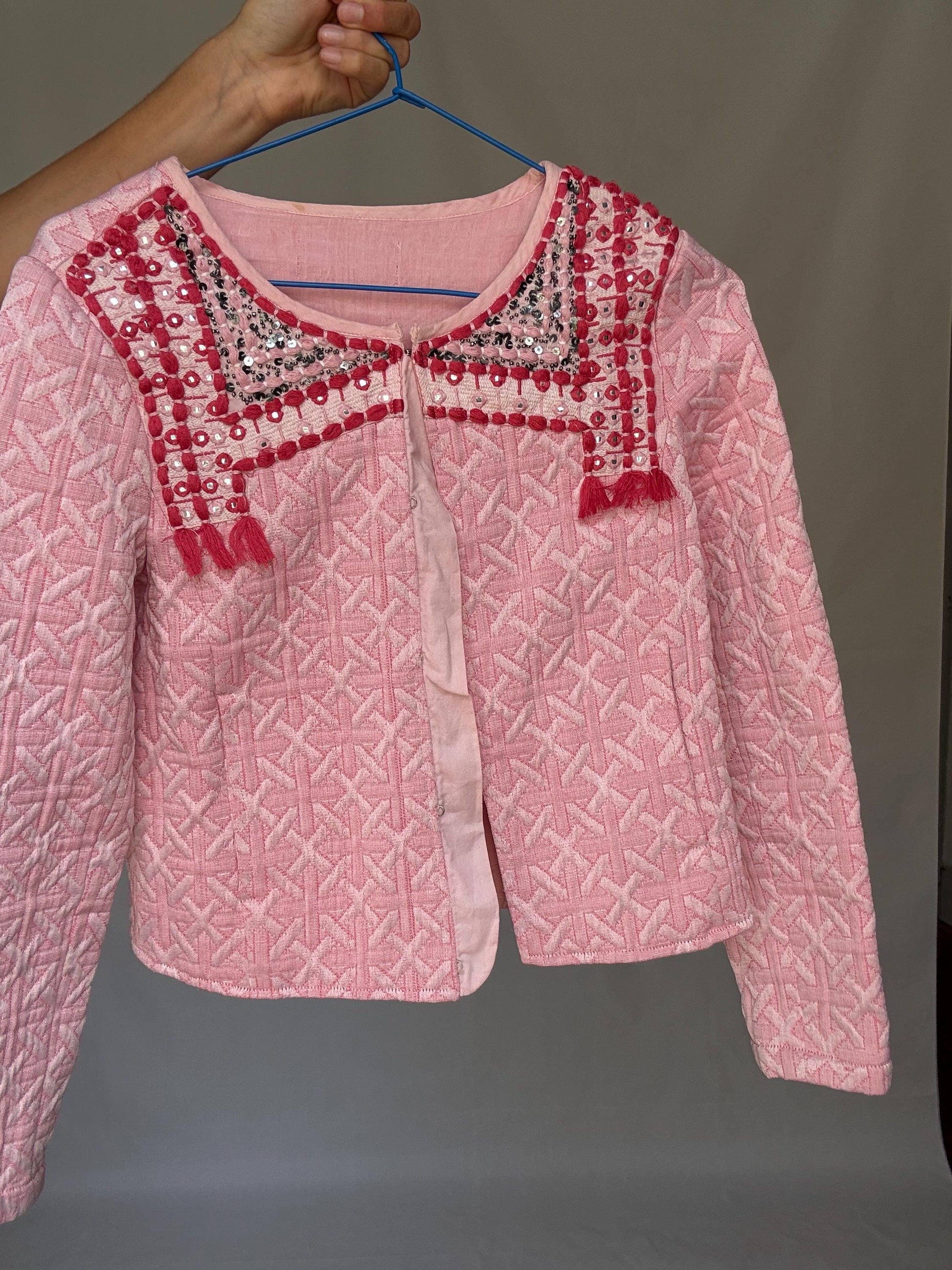 Pink Embellished Jacket with Sequins and Tassels – Barbiecore Cropped Blazer – Textured Boho Partywear XXS - XS