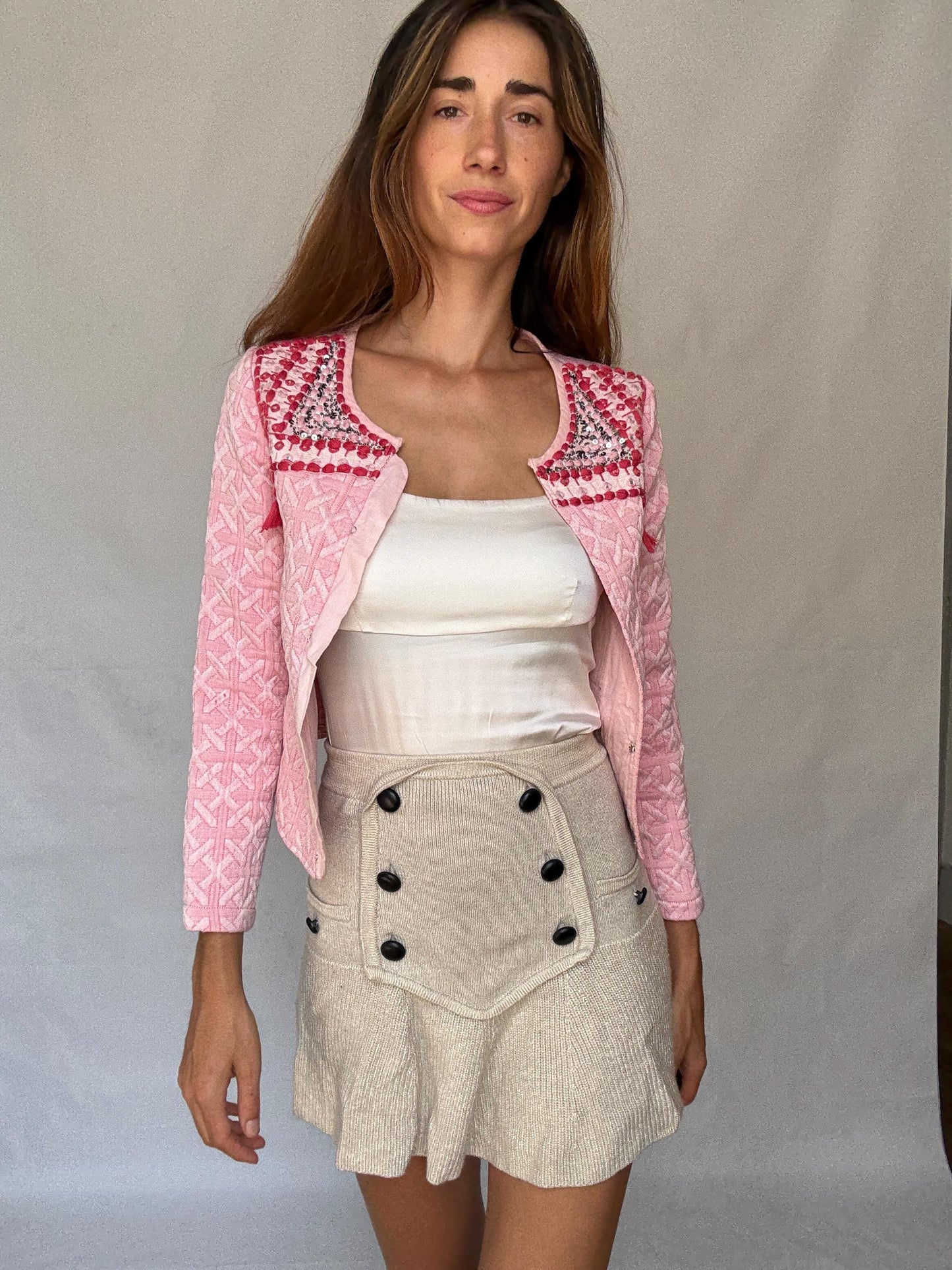 Pink Embellished Jacket with Sequins and Tassels – Barbiecore Cropped Blazer – Textured Boho Partywear XXS - XS