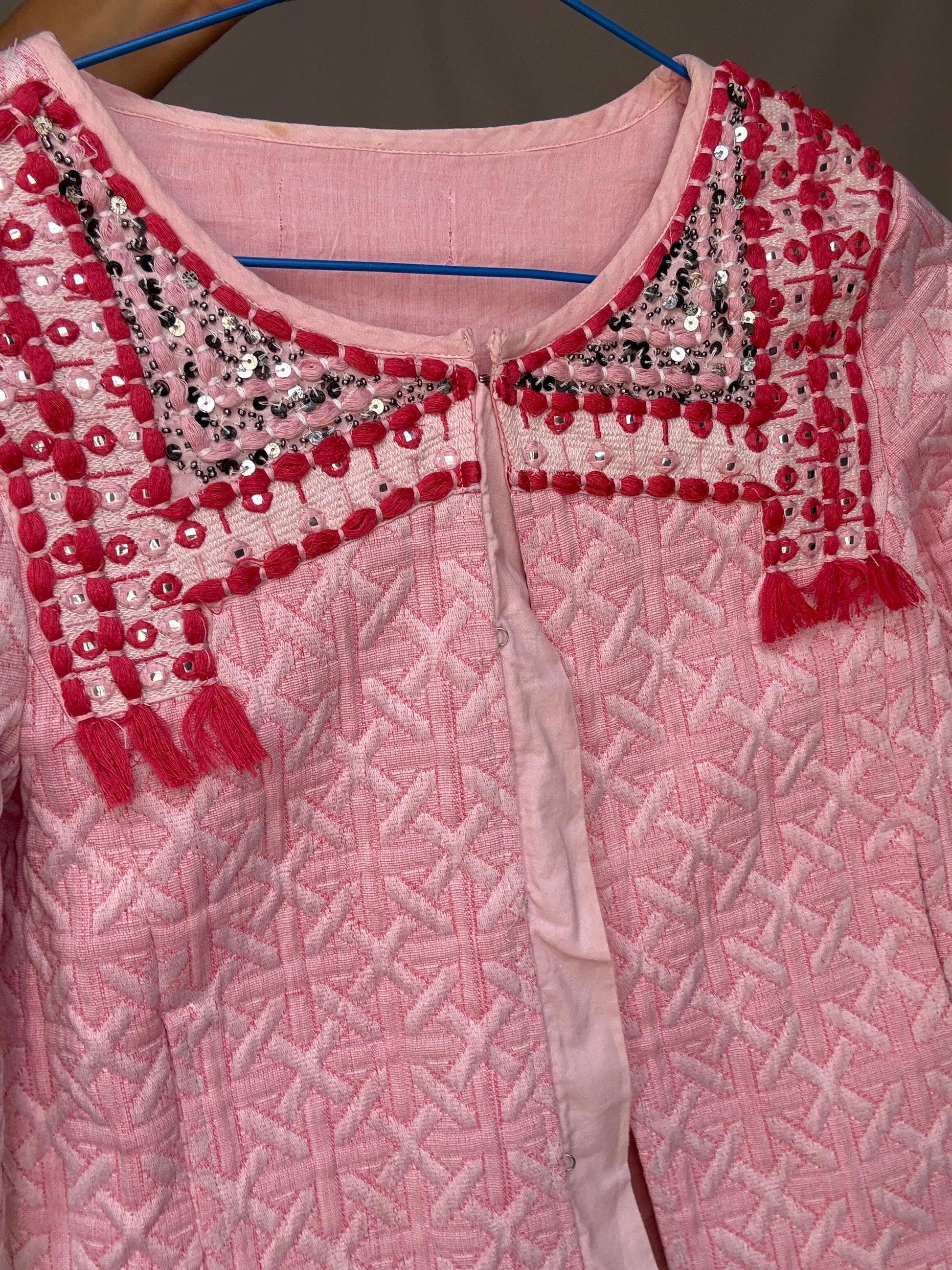 Pink Embellished Jacket with Sequins and Tassels – Barbiecore Cropped Blazer – Textured Boho Partywear XXS - XS
