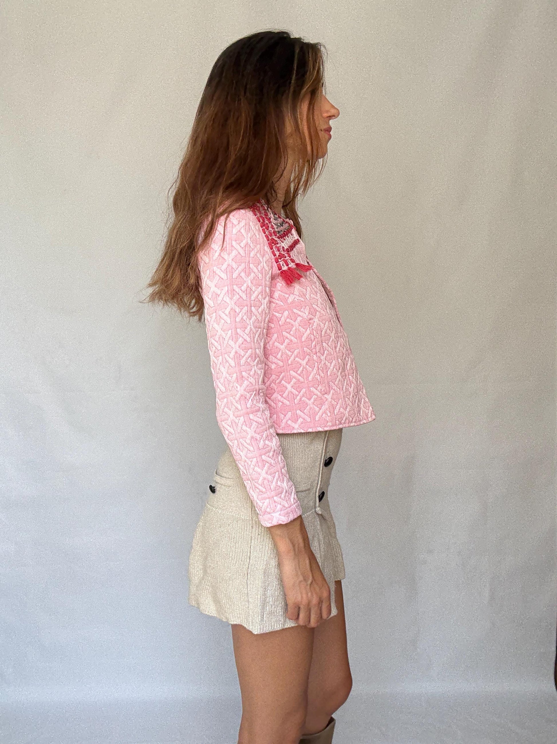 Pink Embellished Jacket with Sequins and Tassels – Barbiecore Cropped Blazer – Textured Boho Partywear XXS - XS