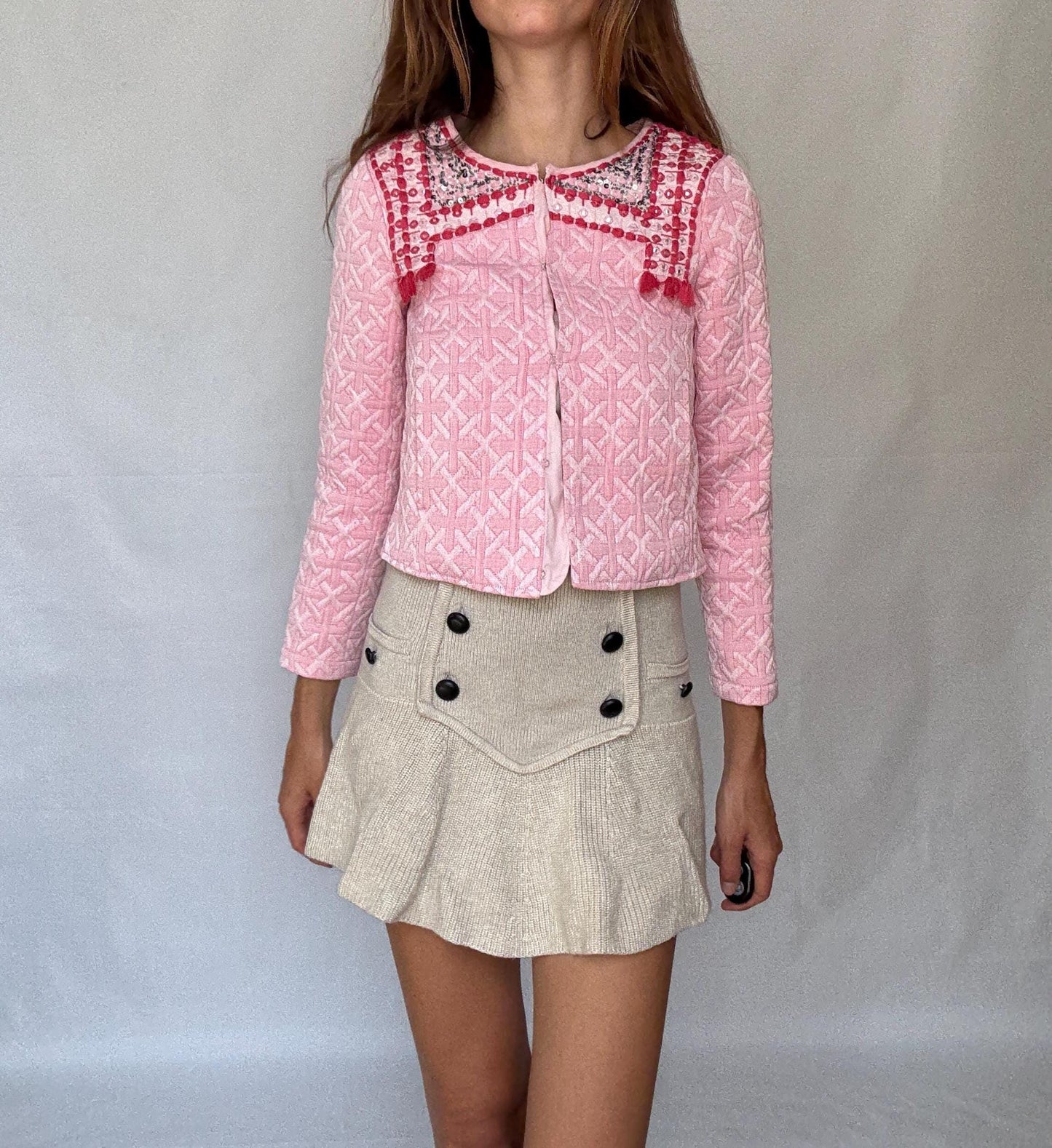 Pink Embellished Jacket with Sequins and Tassels – Barbiecore Cropped Blazer – Textured Boho Partywear XXS - XS