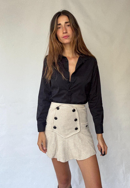 Preppy black button-up cotton-feel Benneton shirt with darted waist | Classic collared blouse | US M fit – fitted smart casual style