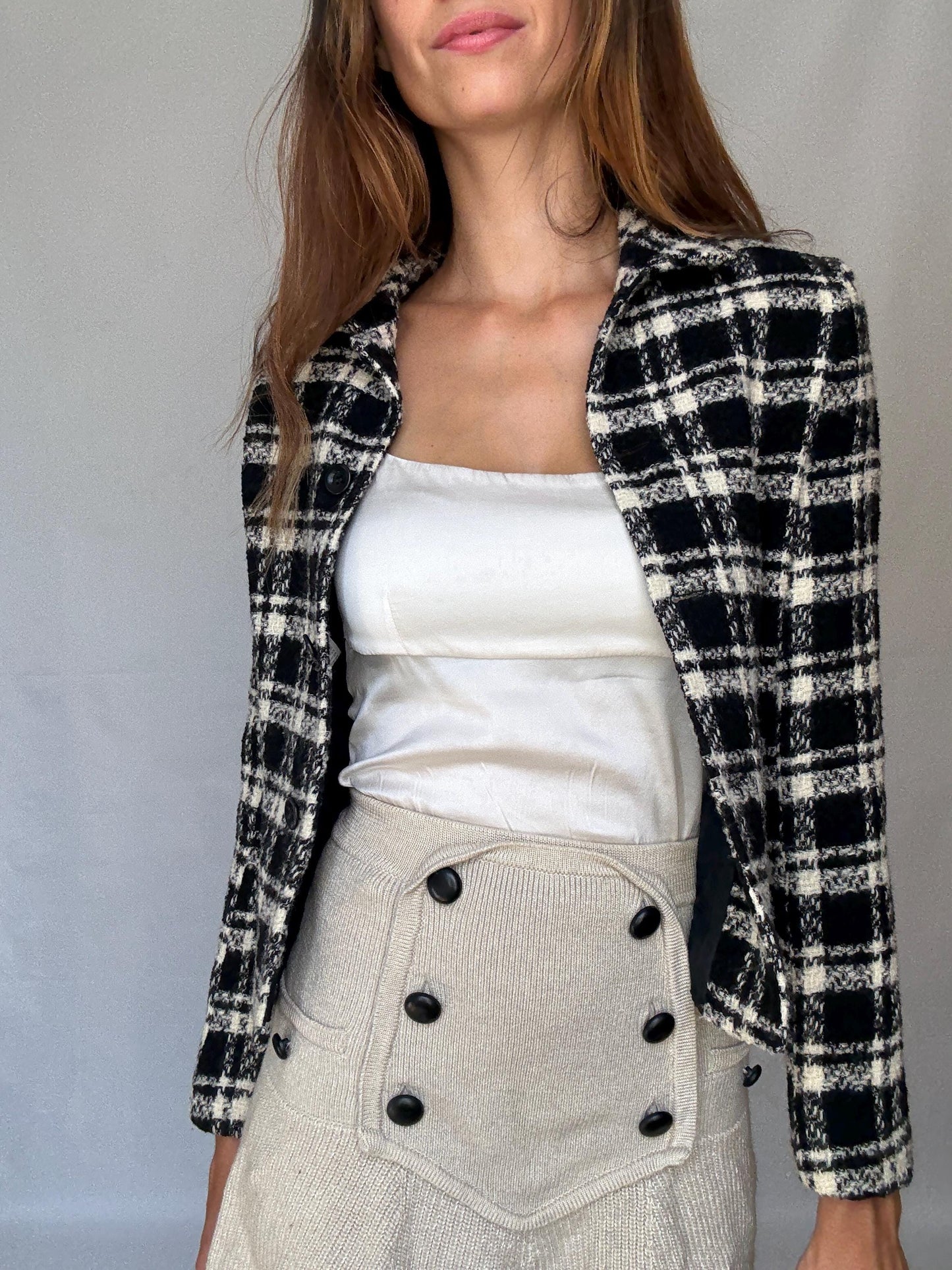 Wool Plaid Jacket – Black White Tweed Style Blazer – Vintage French Girl Aesthetic – Cropped Preppy Fall Coat – Size S