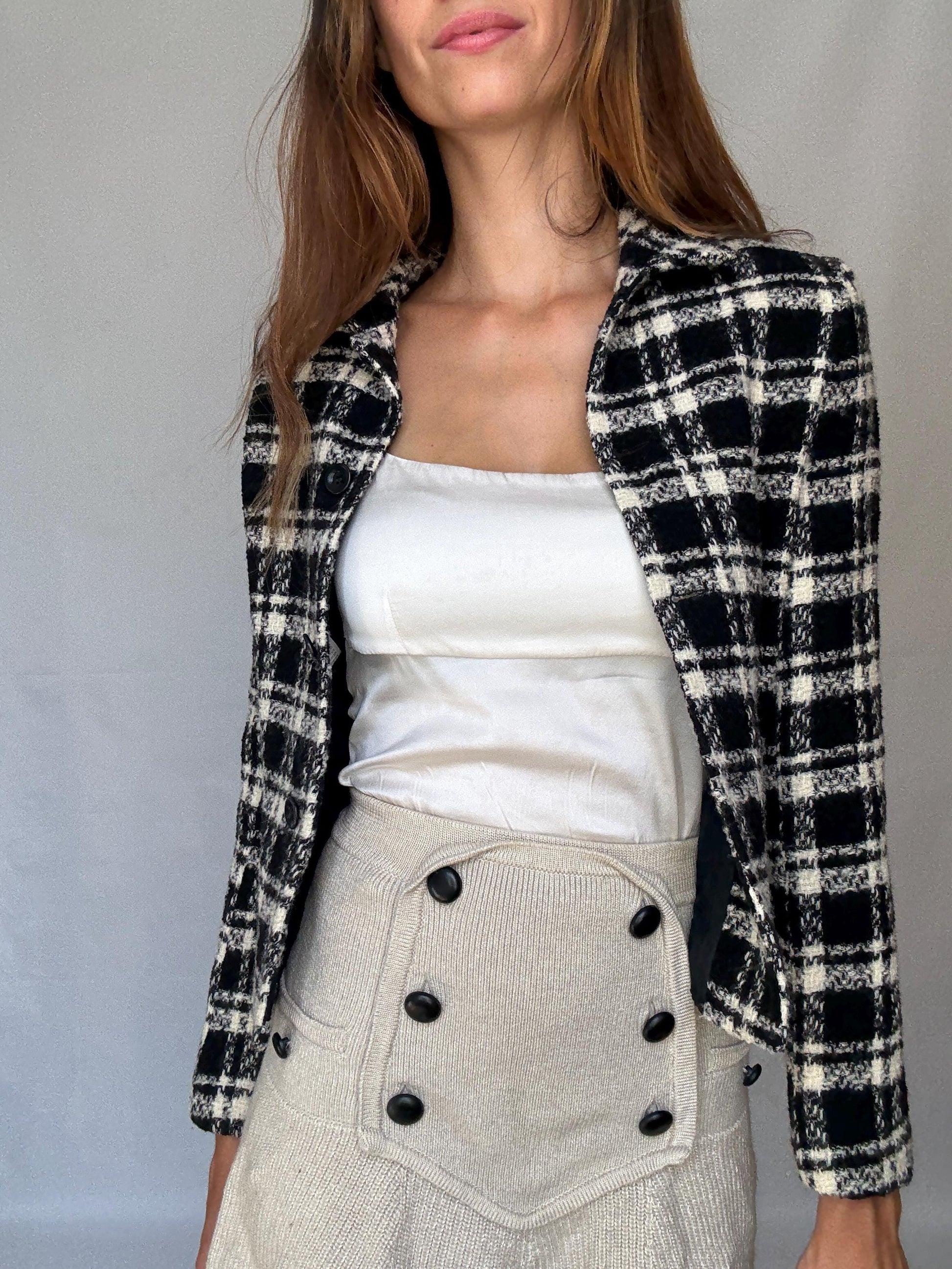 Wool Plaid Jacket – Black White Tweed Style Blazer – Vintage French Girl Aesthetic – Cropped Preppy Fall Coat – Size S