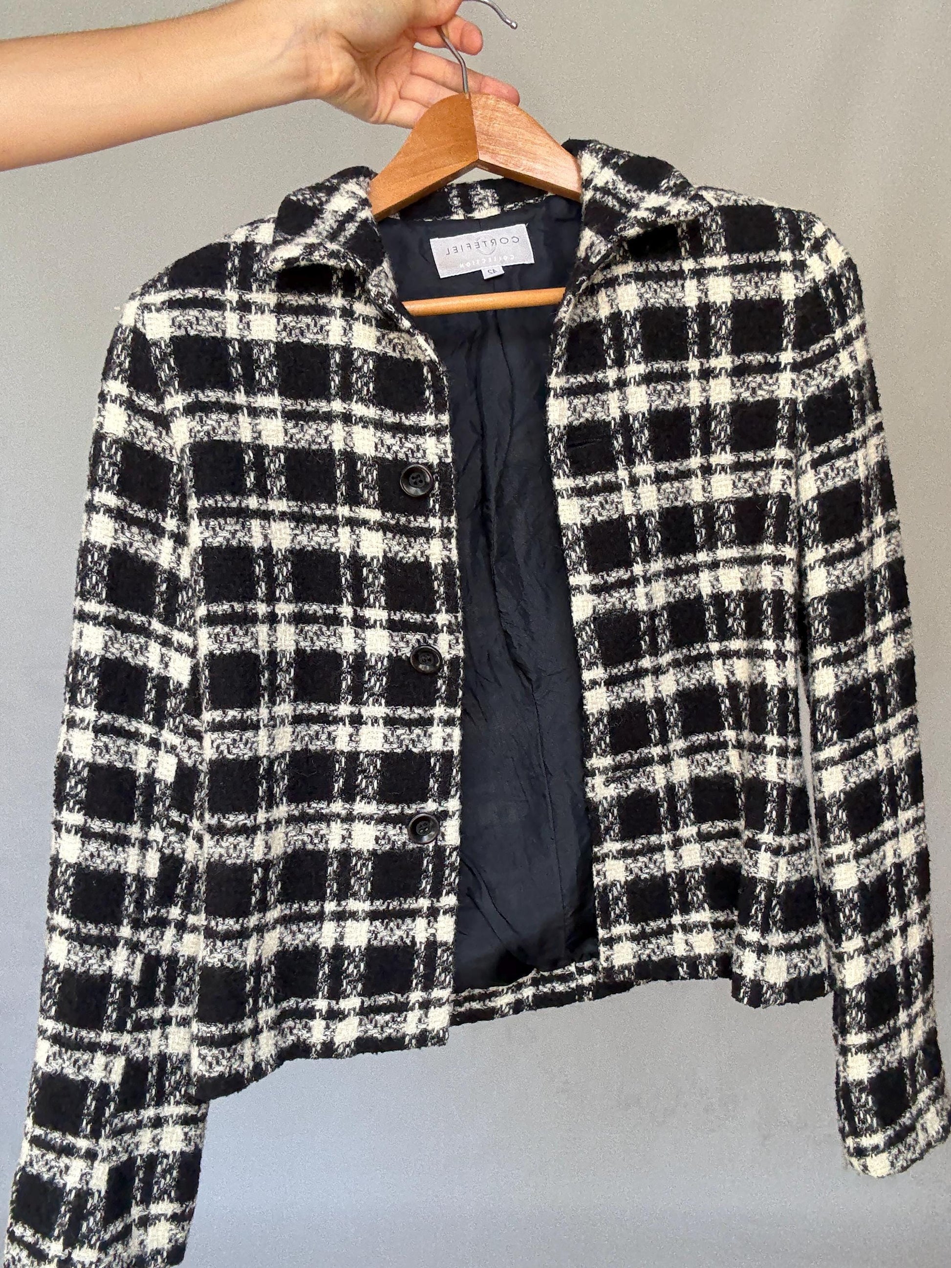 Wool Plaid Jacket – Black White Tweed Style Blazer – Vintage French Girl Aesthetic – Cropped Preppy Fall Coat – Size S